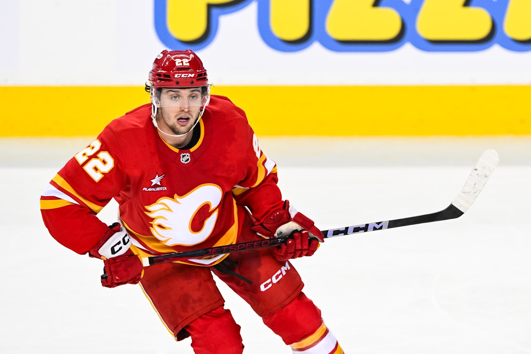 CALGARY, AB - JANUARY 23: Look on Calgary Flames center Jakob Pelletier (22) during the Buffalo Sabres versus the Calgary Flames game on January 23, 2025, at Scotiabank Saddledome in Calgary, AB (Photo by David Kirouac/Icon Sportswire via Getty Images)