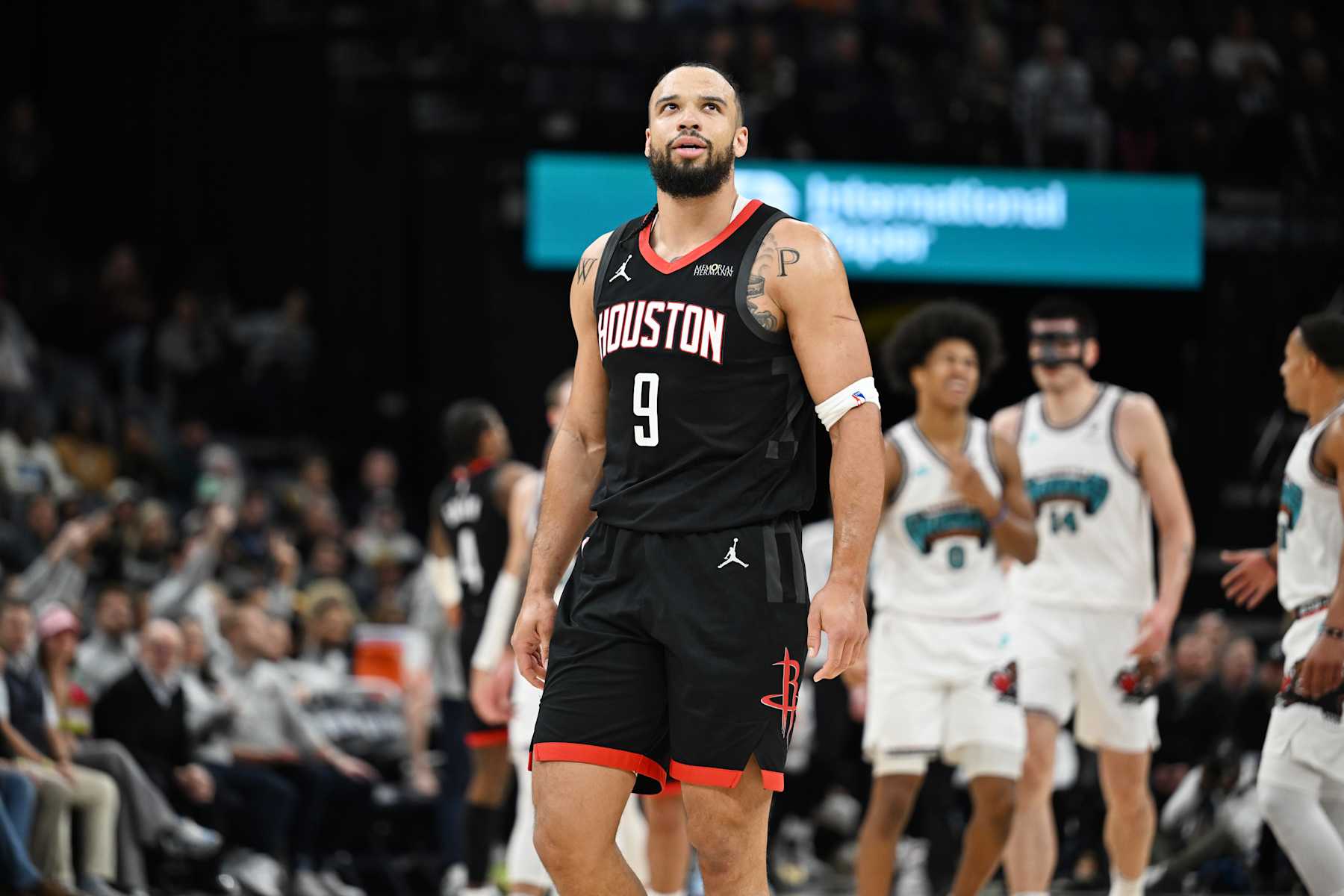 MEMPHIS, TN - JANUARY 30: Dillon Brooks #9 of the Houston Rockets looks on during the game against the Memphis Grizzlies on January 30, 2025 at FedExForum in Memphis, Tennessee. NOTE TO USER: User expressly acknowledges and agrees that, by downloading and or using this photograph, User is consenting to the terms and conditions of the Getty Images License Agreement. Mandatory Copyright Notice: Copyright 2025 NBAE (Photo by Grant Burke/NBAE via Getty Images)