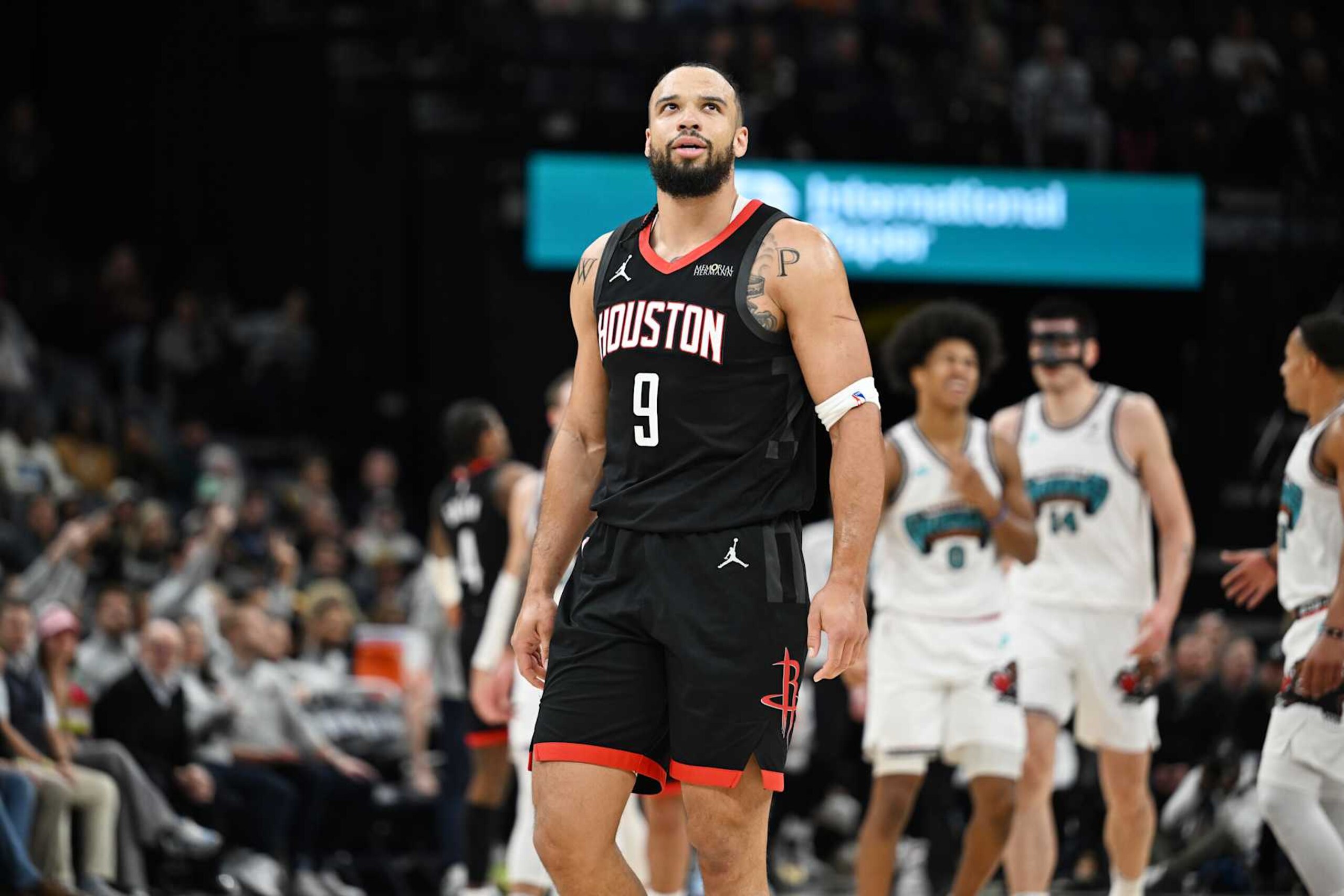 MEMPHIS, TN - JANUARY 30: Dillon Brooks #9 of the Houston Rockets looks on during the game against the Memphis Grizzlies on January 30, 2025 at FedExForum in Memphis, Tennessee. NOTE TO USER: User expressly acknowledges and agrees that, by downloading and or using this photograph, User is consenting to the terms and conditions of the Getty Images License Agreement. Mandatory Copyright Notice: Copyright 2025 NBAE (Photo by Grant Burke/NBAE via Getty Images) MEMPHIS, TN - JANUARY 30: Dillon Brooks #9 of the Houston Rockets looks on during the game against the Memphis Grizzlies on January 30, 2025 at FedExForum in Memphis, Tennessee. NOTE TO USER: User expressly acknowledges and agrees that, by downloading and or using this photograph, User is consenting to the terms and conditions of the Getty Images License Agreement. Mandatory Copyright Notice: Copyright 2025 NBAE (Photo by Grant Burke/NBAE via Getty Images)
