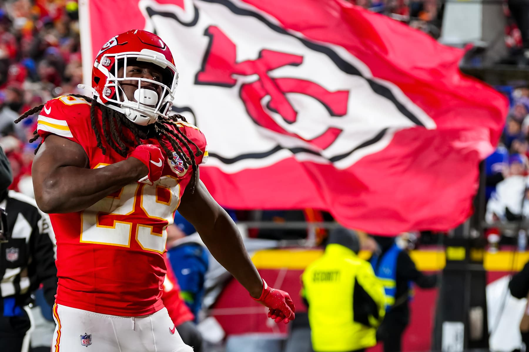 KANSAS CITY, MISSOURI - JANUARY 26: Running back Kareem Hunt #29 of the Kansas City Chiefs celebrates after scoring a touchdown during the first half of the AFC Championship game against the Buffalo Bills, at GEHA Field at Arrowhead Stadium on January 26, 2025 in Kansas City, Missouri. (Photo by Todd Rosenberg/Getty Images)