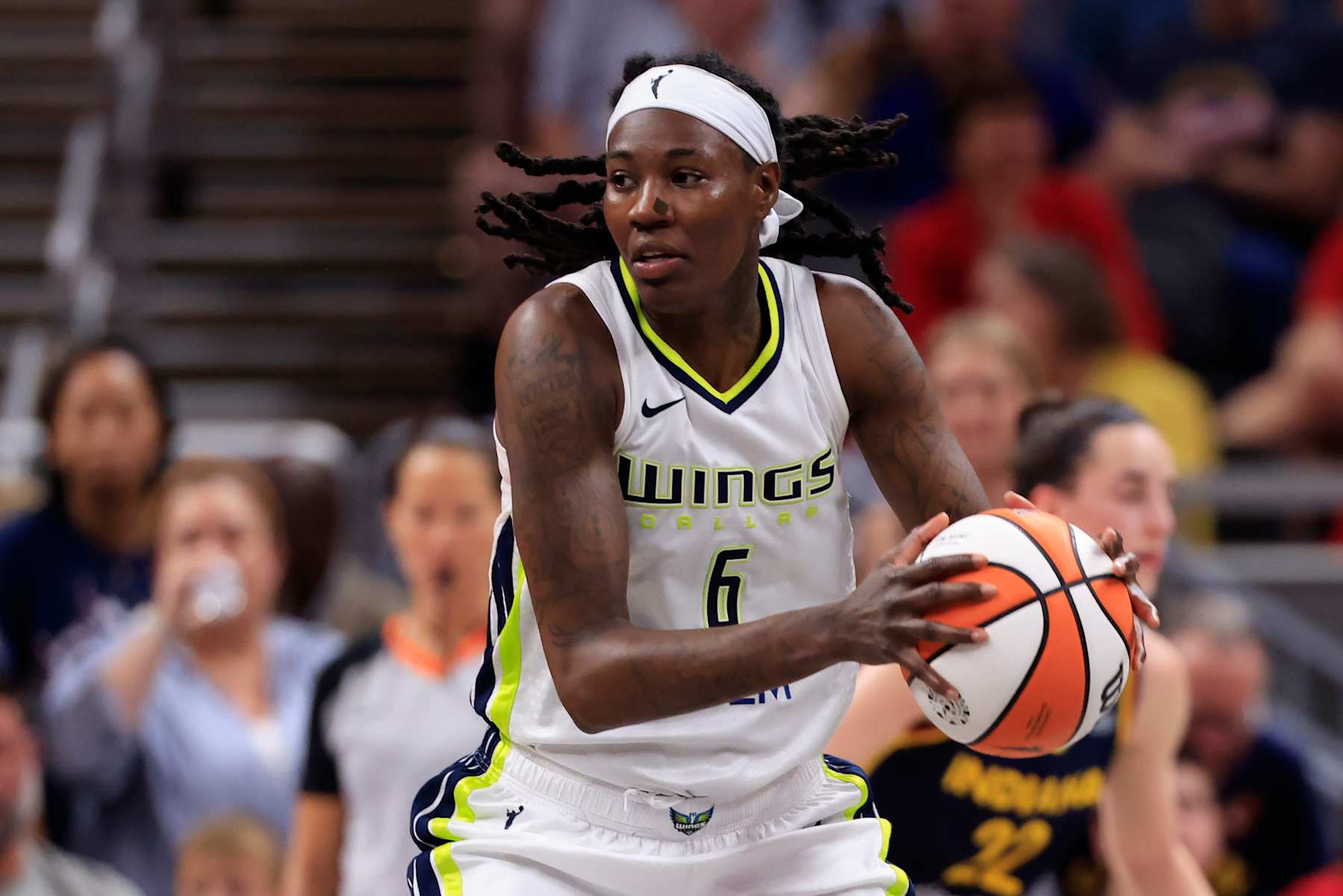 INDIANAPOLIS, INDIANA - SEPTEMBER 15:  Natasha Howard #6 of the Dallas Wings makes a move against the Indiana Fever at Gainbridge Fieldhouse on September 15, 2024 in Indianapolis, Indiana. NOTE TO USER: User expressly acknowledges and agrees that, by downloading and or using this photograph, User is consenting to the terms and conditions of the Getty Images License Agreement. (Photo by Justin Casterline/Getty Images)