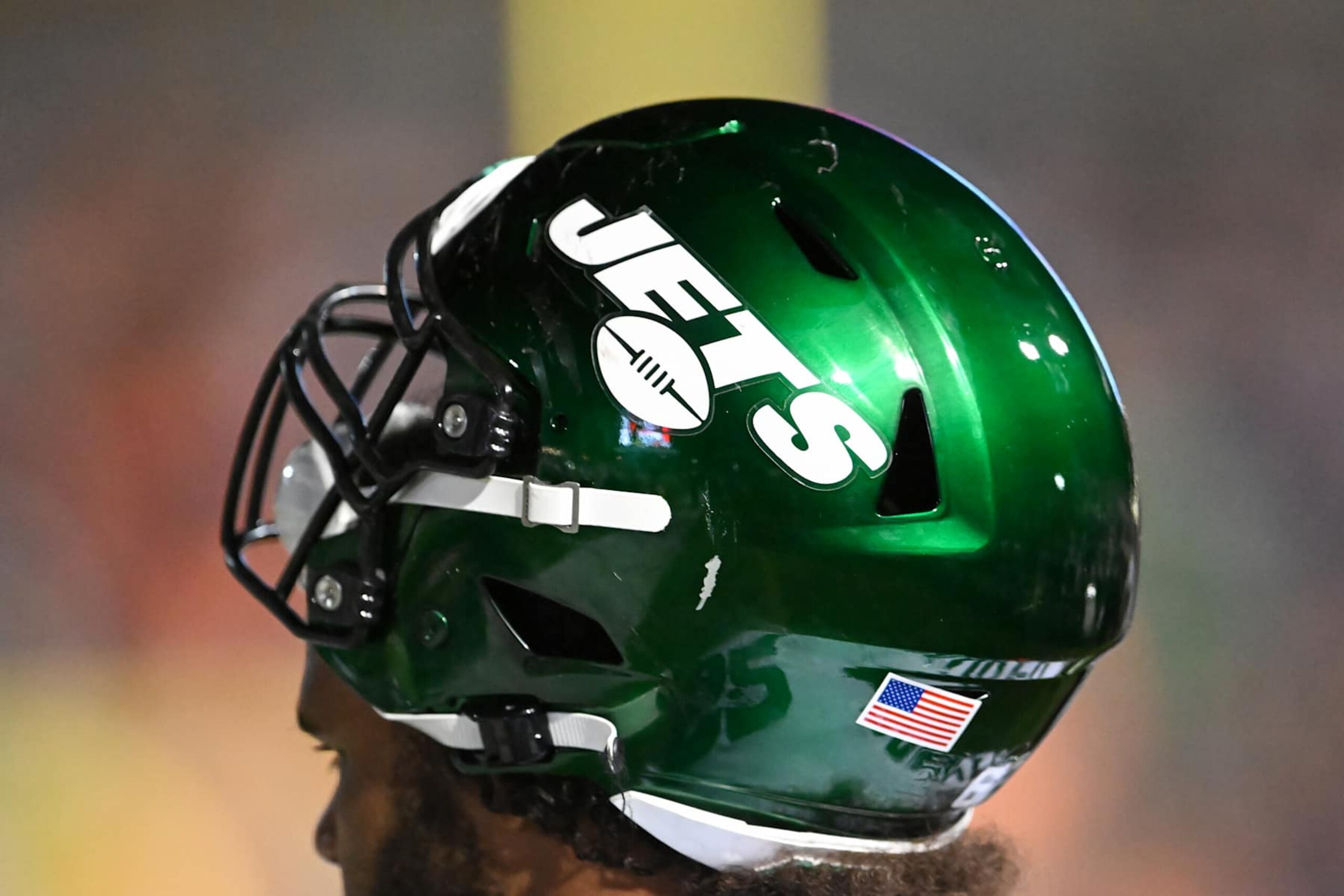 CANTON, OHIO - AUGUST 03: A closeup view of the New York Jets logo on a helmet during a delay in the second half of the 2023 Pro Hall of Fame Game against the Cleveland Browns at Tom Benson Hall Of Fame Stadium on August 03, 2023 in Canton, Ohio. (Photo by Nick Cammett/Diamond Images via Getty Images) CANTON, OHIO - AUGUST 03: A closeup view of the New York Jets logo on a helmet during a delay in the second half of the 2023 Pro Hall of Fame Game against the Cleveland Browns at Tom Benson Hall Of Fame Stadium on August 03, 2023 in Canton, Ohio. (Photo by Nick Cammett/Diamond Images via Getty Images)