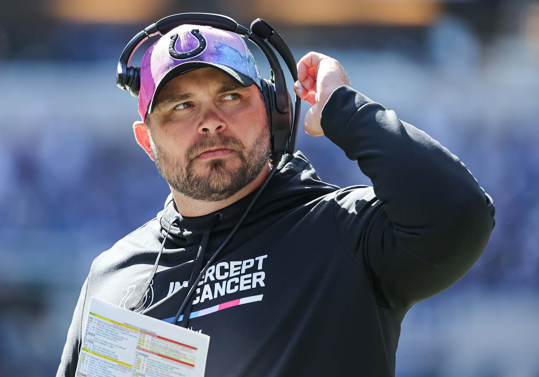 INDIANAPOLIS, IN - OCTOBER 16: Tight ends coach Klayton Adams of the Indianapolis Colts is seen during the game against the Jacksonville Jaguars at Lucas Oil Stadium on October 16, 2022 in Indianapolis, Indiana. (Photo by Michael Hickey/Getty Images)