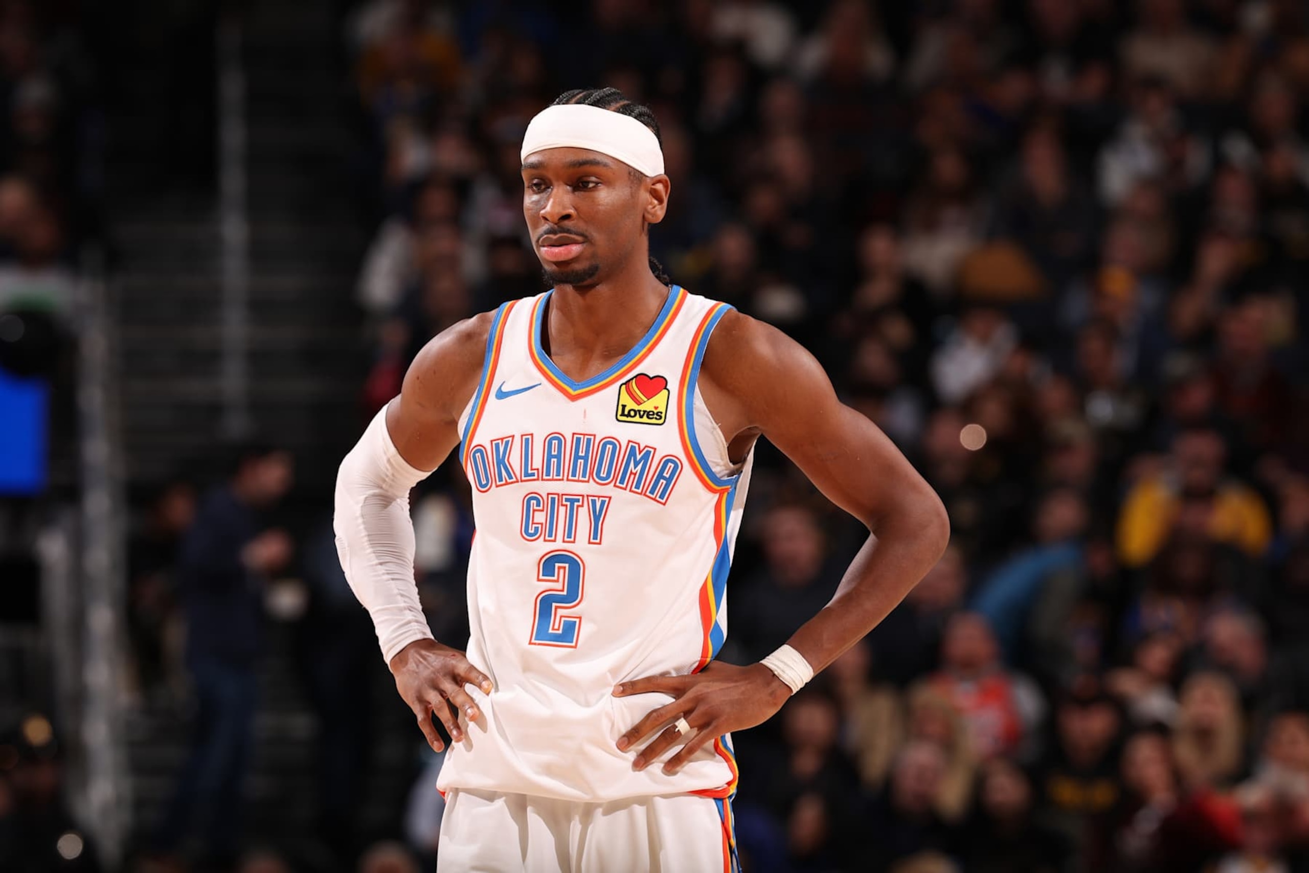 SAN FRANCISCO, CA - JANUARY 29: Shai Gilgeous-Alexander #2 of the Oklahoma City Thunder looks on during the game against the Golden State Warriors on January 29, 2025 at Chase Center in San Francisco, California. NOTE TO USER: User expressly acknowledges and agrees that, by downloading and or using this photograph, user is consenting to the terms and conditions of Getty Images License Agreement. Mandatory Copyright Notice: Copyright 2025 NBAE (Photo by Jed Jacobsohn/NBAE via Getty Images) SAN FRANCISCO, CA - JANUARY 29: Shai Gilgeous-Alexander #2 of the Oklahoma City Thunder looks on during the game against the Golden State Warriors on January 29, 2025 at Chase Center in San Francisco, California. NOTE TO USER: User expressly acknowledges and agrees that, by downloading and or using this photograph, user is consenting to the terms and conditions of Getty Images License Agreement. Mandatory Copyright Notice: Copyright 2025 NBAE (Photo by Jed Jacobsohn/NBAE via Getty Images)