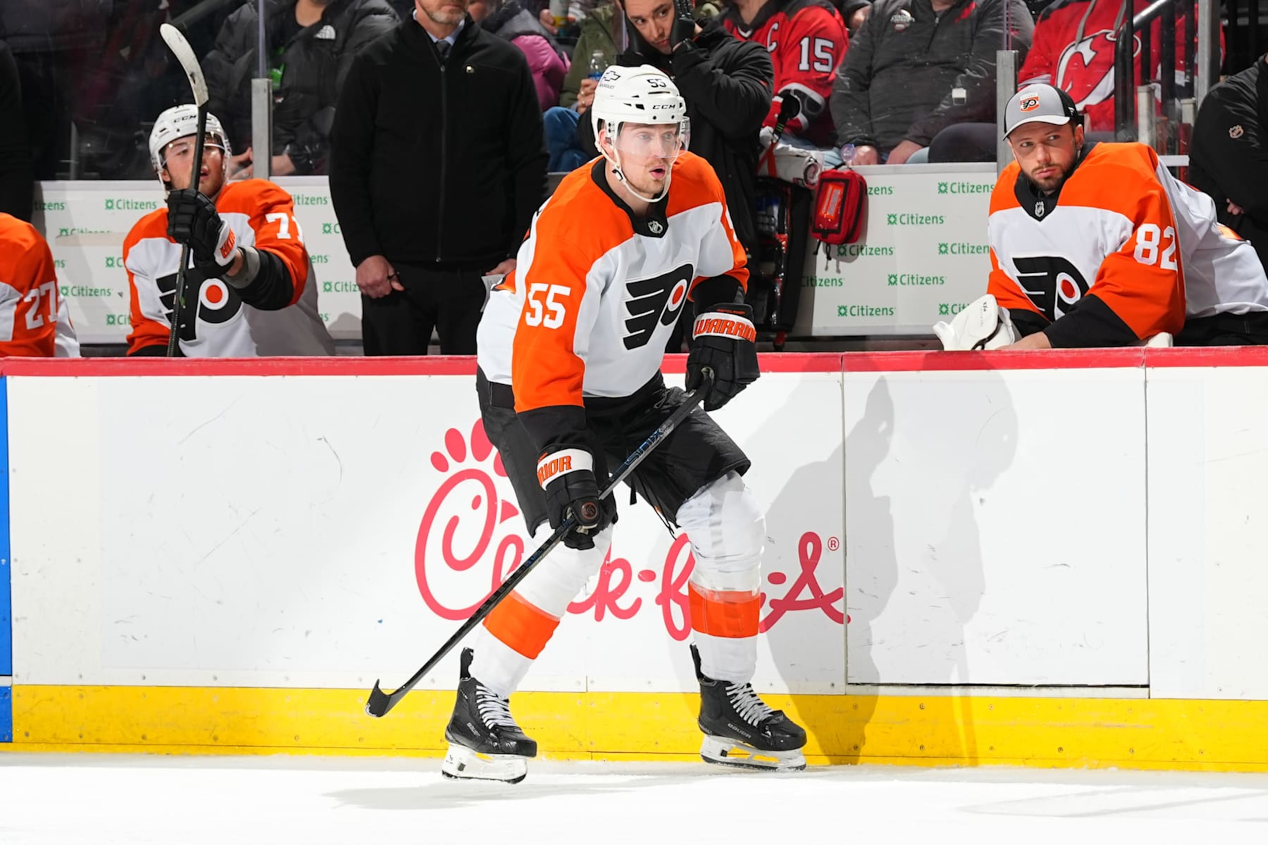 NEWARK, NJ - JANUARY 29: Rasmus Ristolainen #55 of the Philadelphia Flyers skates in the second period of the game against the New Jersey Devils at Prudential Center on January 29, 2025 in Newark, New Jersey.  (Photo by Rich Graessle/NHLI via Getty Images)
