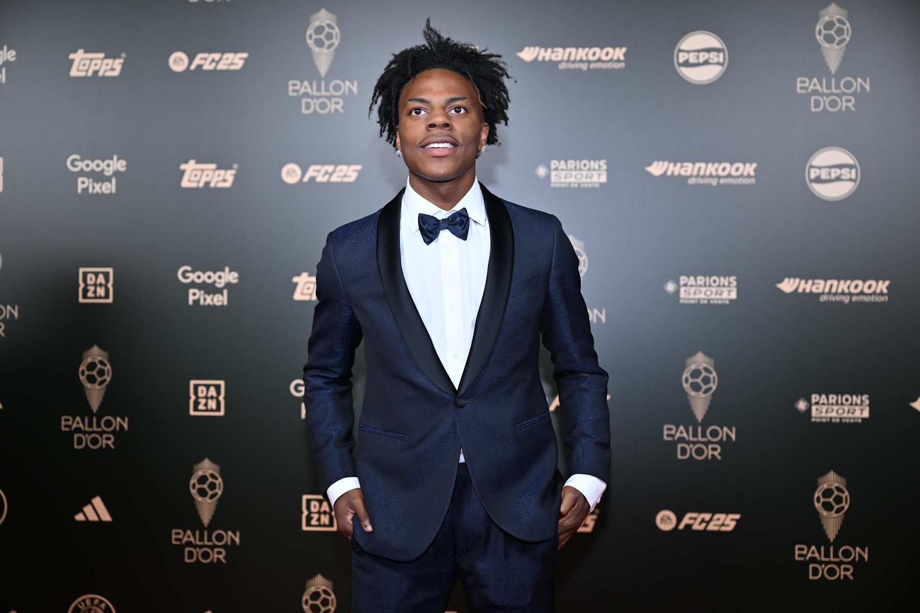 PARIS, FRANCE - OCTOBER 28: US Youtuber Darren Jason Watkins Jr, known online as IShowSpeed poses upon arrival to attend the 2024 Ballon d'Or France Football award ceremony at the Theatre du Chatelet in Paris on October 28, 2024. (Photo by Mustafa Yalcin/Anadolu via Getty Images)