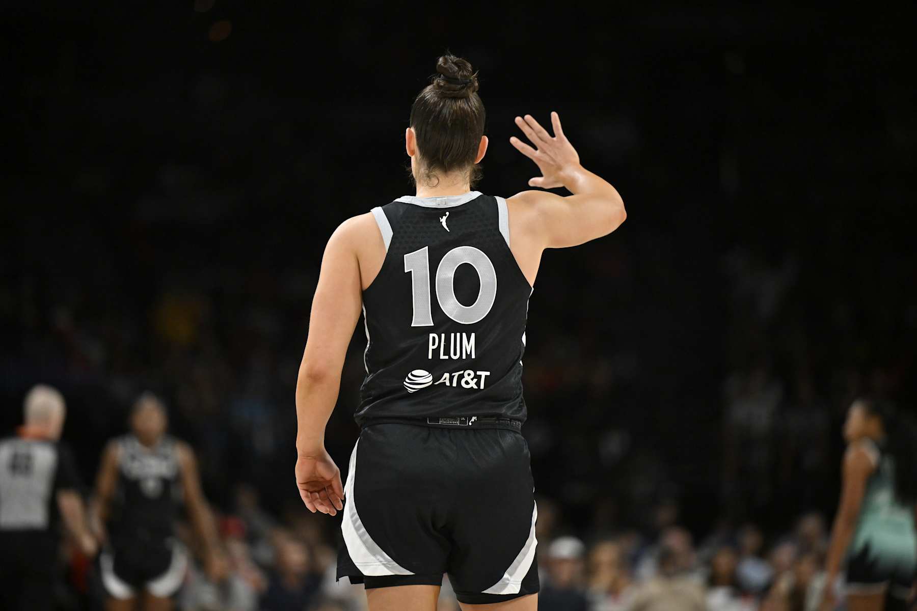 LAS VEGAS, NV - OCTOBER 6: Kelsey Plum #10 of the Las Vegas Aces looks on during the game against the New York Liberty during Round 2 Game 4 of the 2024 WNBA Playoffs on October 6, 2024 at Michelob ULTRA Arena in Las Vegas, Nevada. NOTE TO USER: User expressly acknowledges and agrees that, by downloading and or using this photograph, User is consenting to the terms and conditions of the Getty Images License Agreement. Mandatory Copyright Notice: Copyright 2024 NBAE (Photo by David Becker/NBAE via Getty Images)
