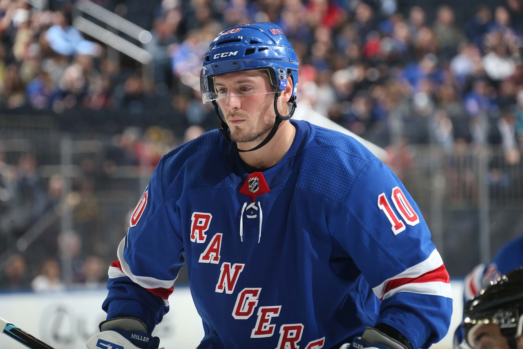 NEW YORK, NY - OCTOBER 23:  J.T. Miller #10 of the New York Rangers looks on against the San Jose Sharks at Madison Square Garden on October 23, 2017 in New York City. The San Jose Sharks won 4-1. (Photo by Jared Silber/NHLI via Getty Images)