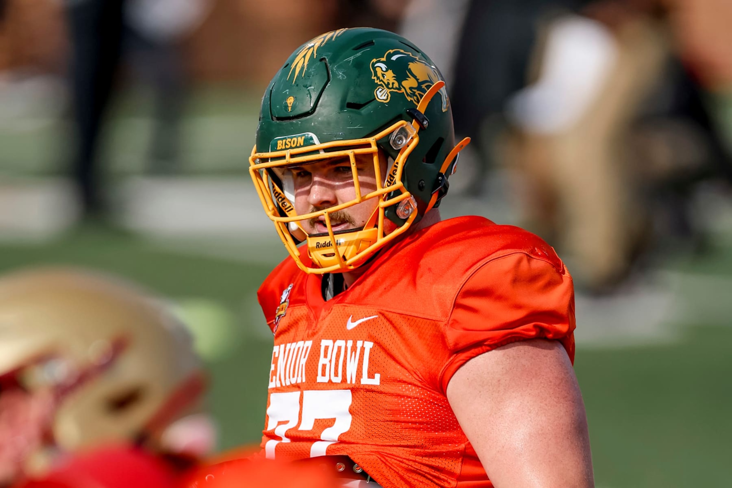 MOBILE, ALABAMA - JANUARY 29: Grey Zabel #77 of North Dakota State during Senior Bowl practice at Hancock Whitney Stadium on January 29, 2025 in Mobile, Alabama. (Photo by Derick E. Hingle/Getty Images) MOBILE, ALABAMA - JANUARY 29: Grey Zabel #77 of North Dakota State during Senior Bowl practice at Hancock Whitney Stadium on January 29, 2025 in Mobile, Alabama. (Photo by Derick E. Hingle/Getty Images)