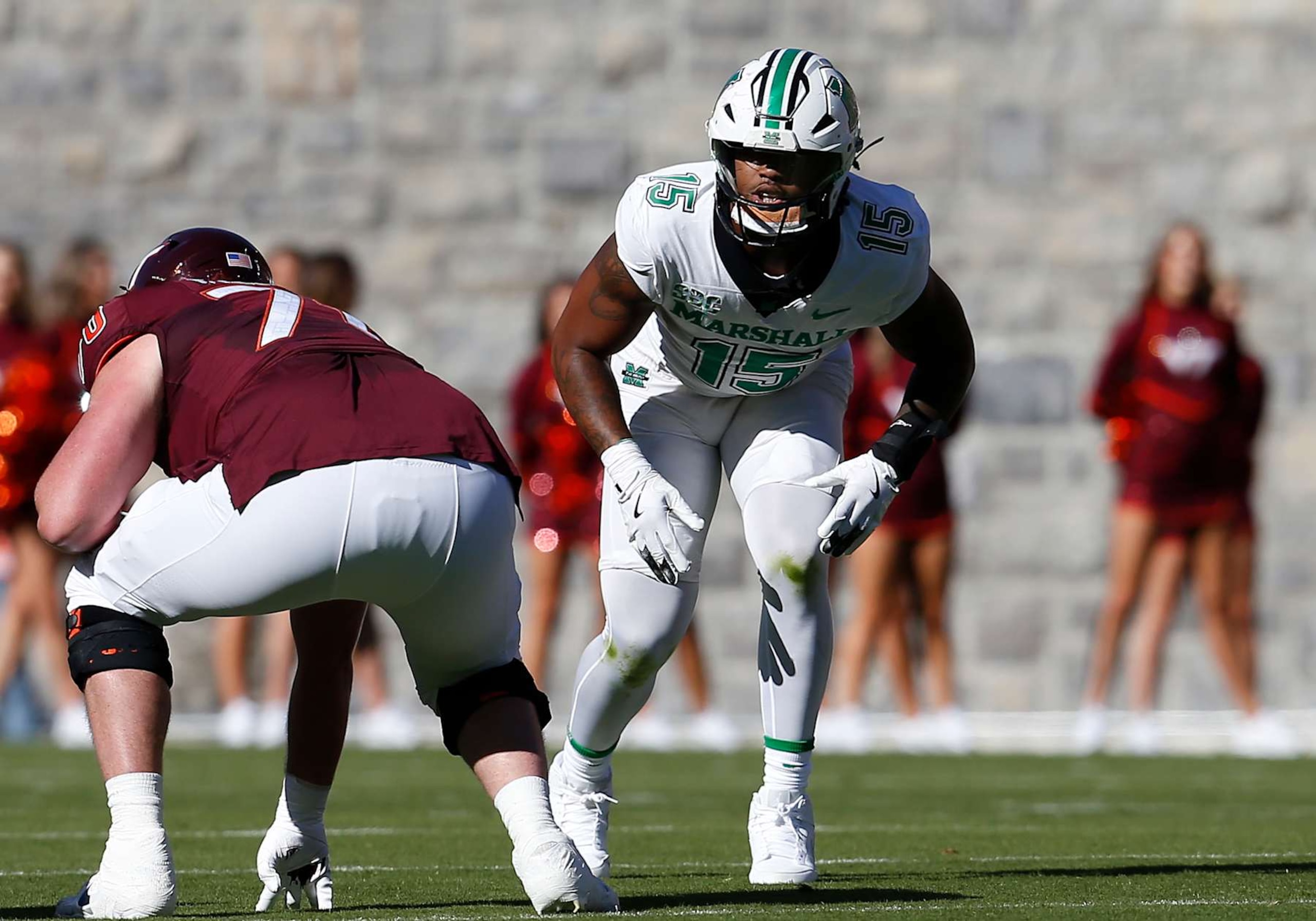 BLACKSBURG, VA - SEPTEMBER 07: Marshall Thundering Herd defensive lineman Mike Green (15) peeks into the backfield during a college football game between the Marshall Thundering Herd and the Virginia Tech Hokies on September 7, 2024, at Lane Stadium in Blacksburg, VA. (Photo by Lee Coleman/Icon Sportswire via Getty Images) BLACKSBURG, VA - SEPTEMBER 07: Marshall Thundering Herd defensive lineman Mike Green (15) peeks into the backfield during a college football game between the Marshall Thundering Herd and the Virginia Tech Hokies on September 7, 2024, at Lane Stadium in Blacksburg, VA. (Photo by Lee Coleman/Icon Sportswire via Getty Images)