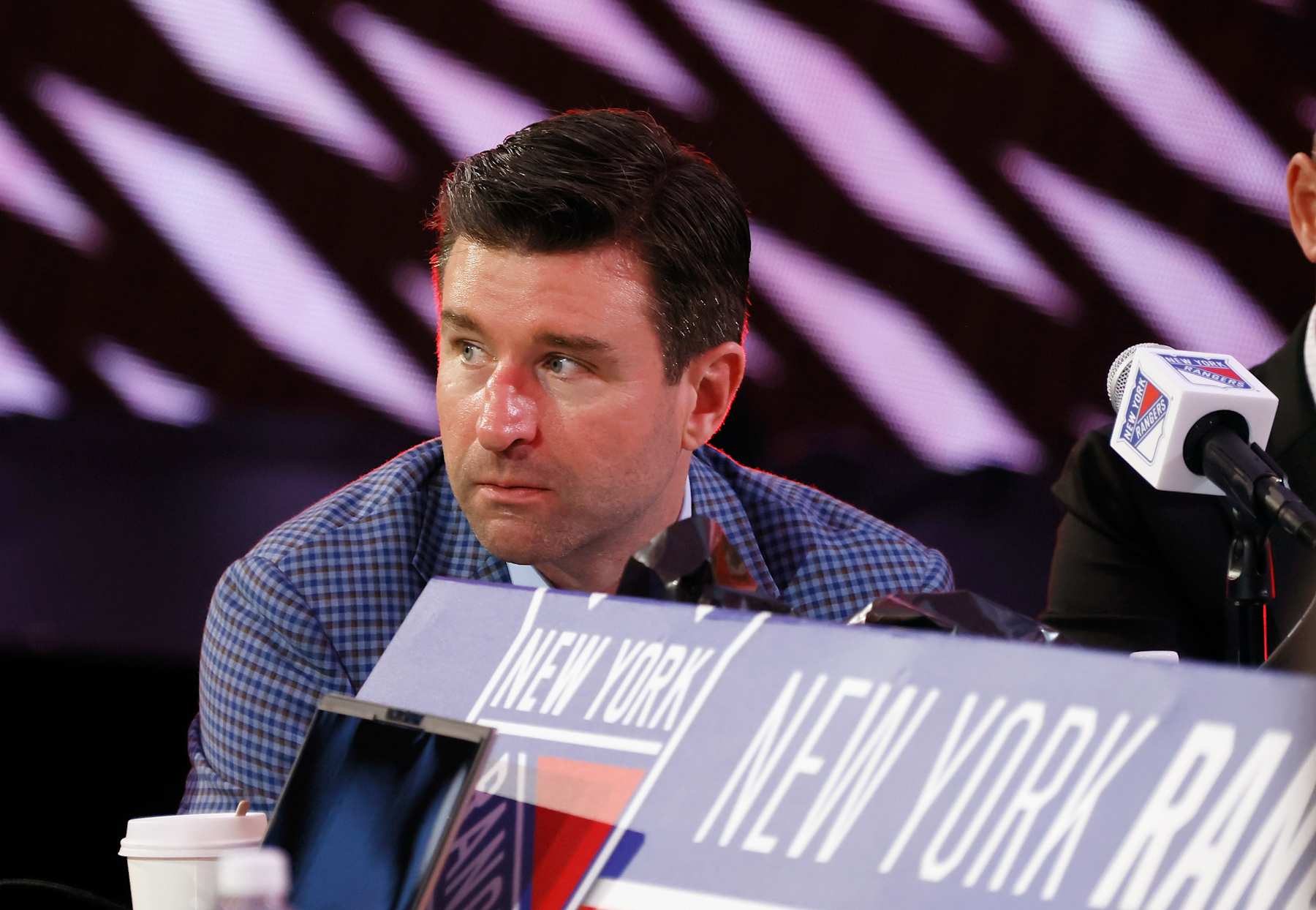 LAS VEGAS, NEVADA - JUNE 29: Chris Drury of the New York Rangers handles the draft during the 2024 Upper Deck NHL Draft at Sphere on June 29, 2024 in Las Vegas, Nevada. (Photo by Bruce Bennett/Getty Images)