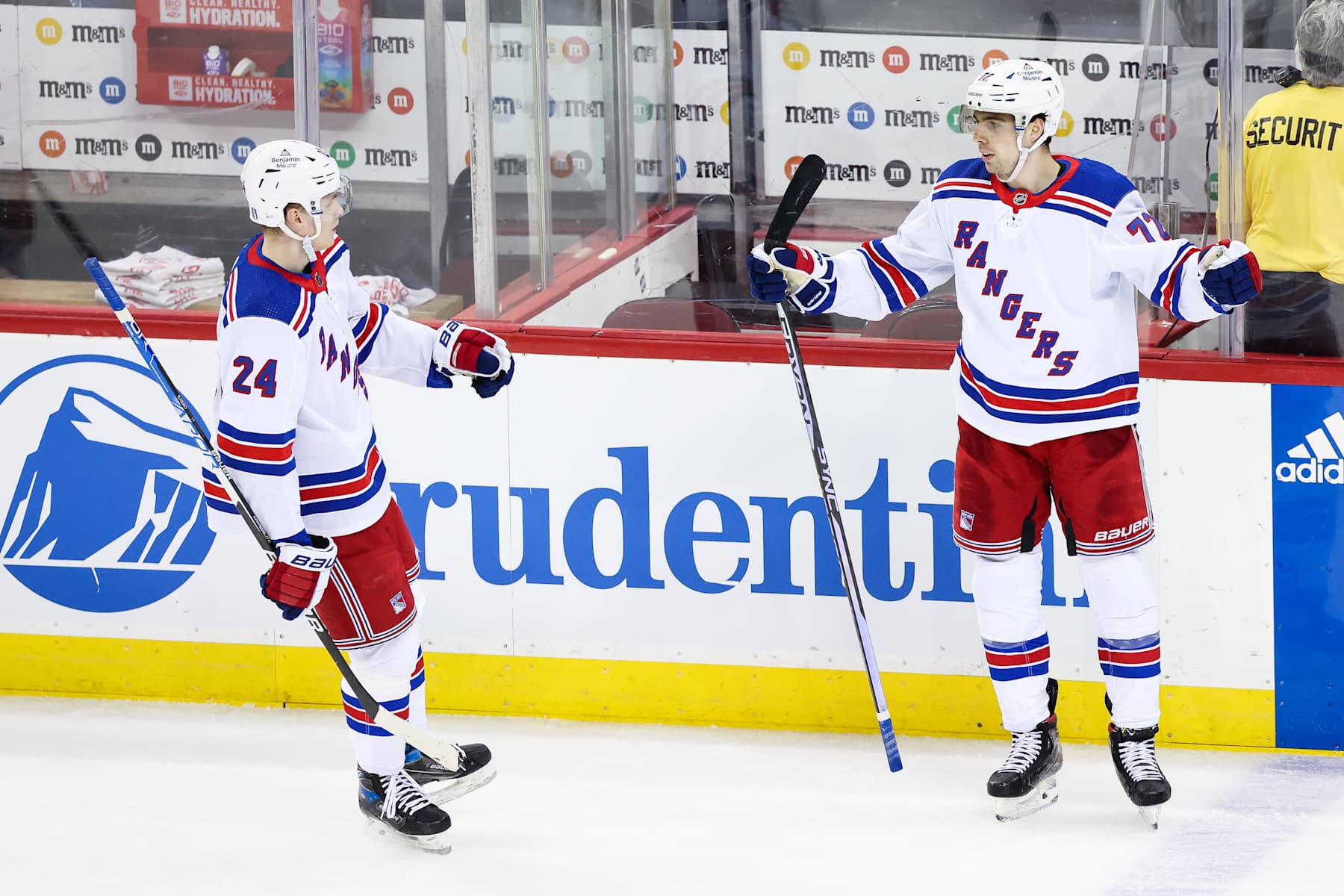 NEWARK, NJ - APRIL 18: New York Rangers center Filip Chytil (72) celebrates with New York Rangers right wing Kaapo Kakko (24) after scoring a goal during the National Hockey League game between the New York Rangers and the New Jersey Devils on April 18, 2023 at Prudential Center in Newark, NJ. (Photo by Andrew Mordzynski/Icon Sportswire via Getty Images)