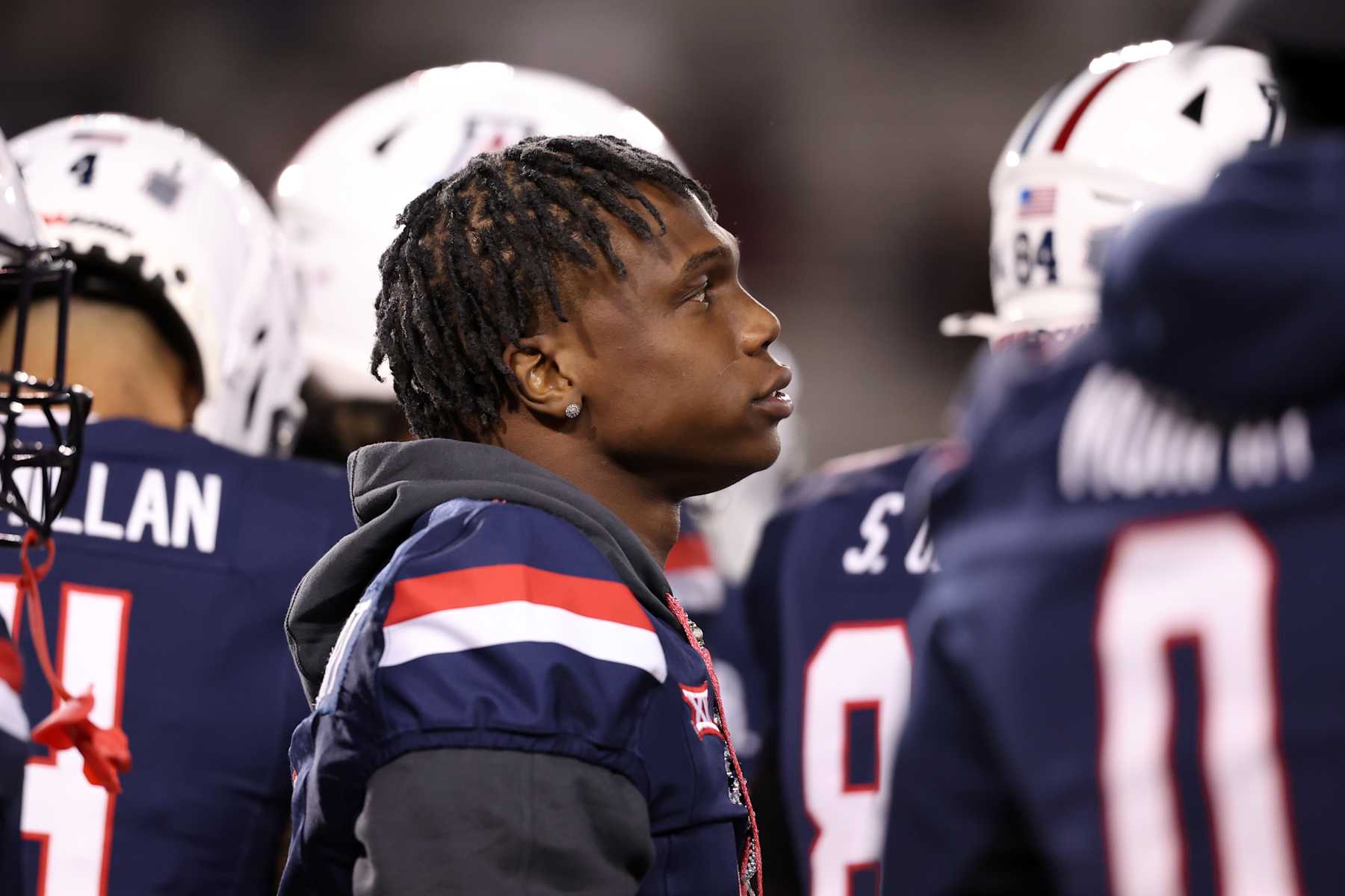TUCSON, ARIZONA - NOVEMBER 15: Running back Jacory Croskey-Merritt #1 of the Arizona Wildcats looks on during the game against the Houston Cougars at Arizona Stadium on November 15, 2024 in Tucson, Arizona. The Wildcats defeated the Cougars 27-3. (Photo by Chris Coduto/Getty Images)