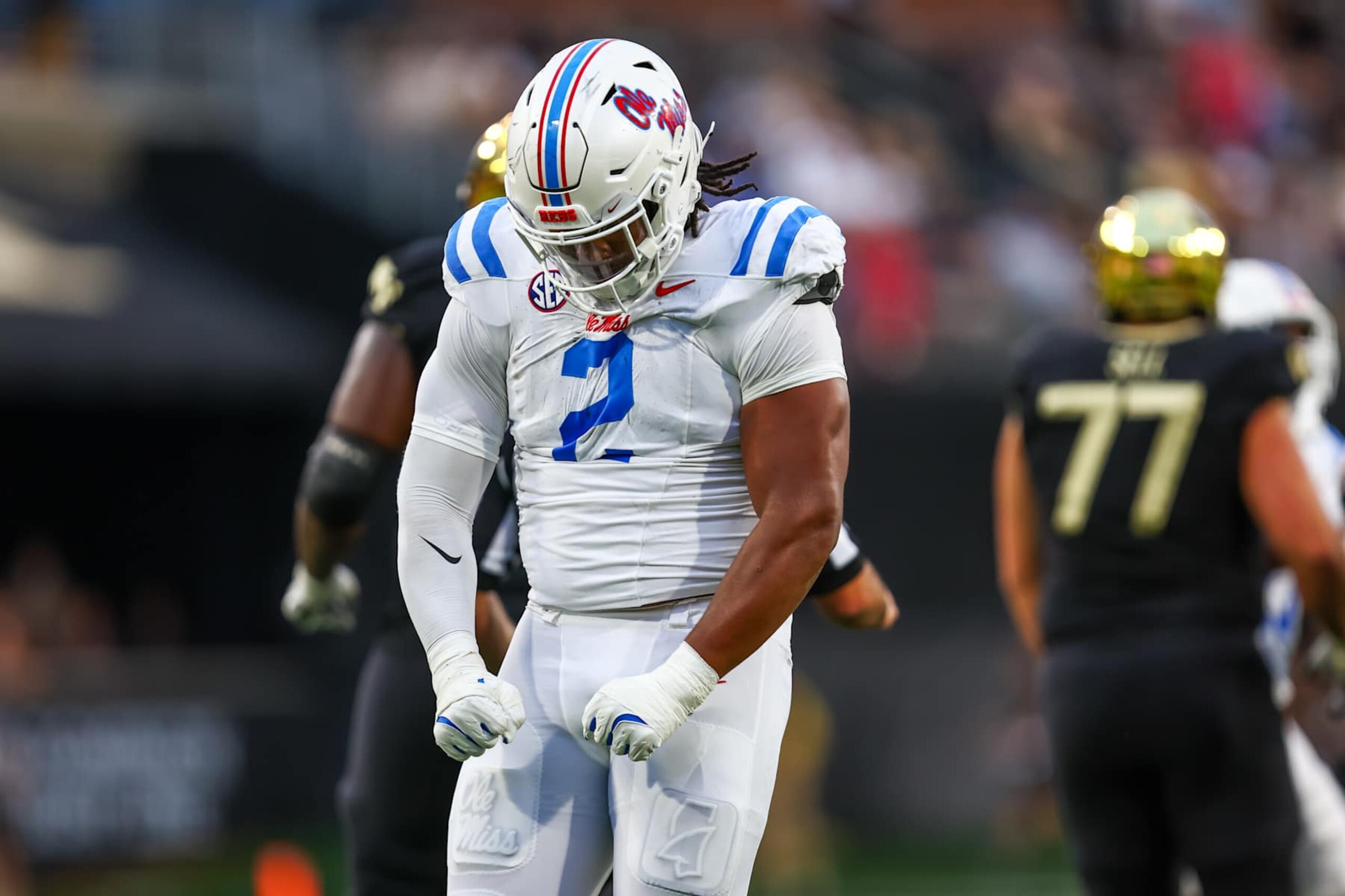 WINSTON-SALEM, NORTH CAROLINA - SEPTEMBER 14: Walter Nolen #2 of the Mississippi Rebels reacts after making a tackle during the first half of a football game against the Wake Forest Demon Deacons at Allegacy Federal Credit Union Stadium on September 14, 2024 in Winston-Salem, North Carolina.  (Photo by David Jensen/Getty Images)