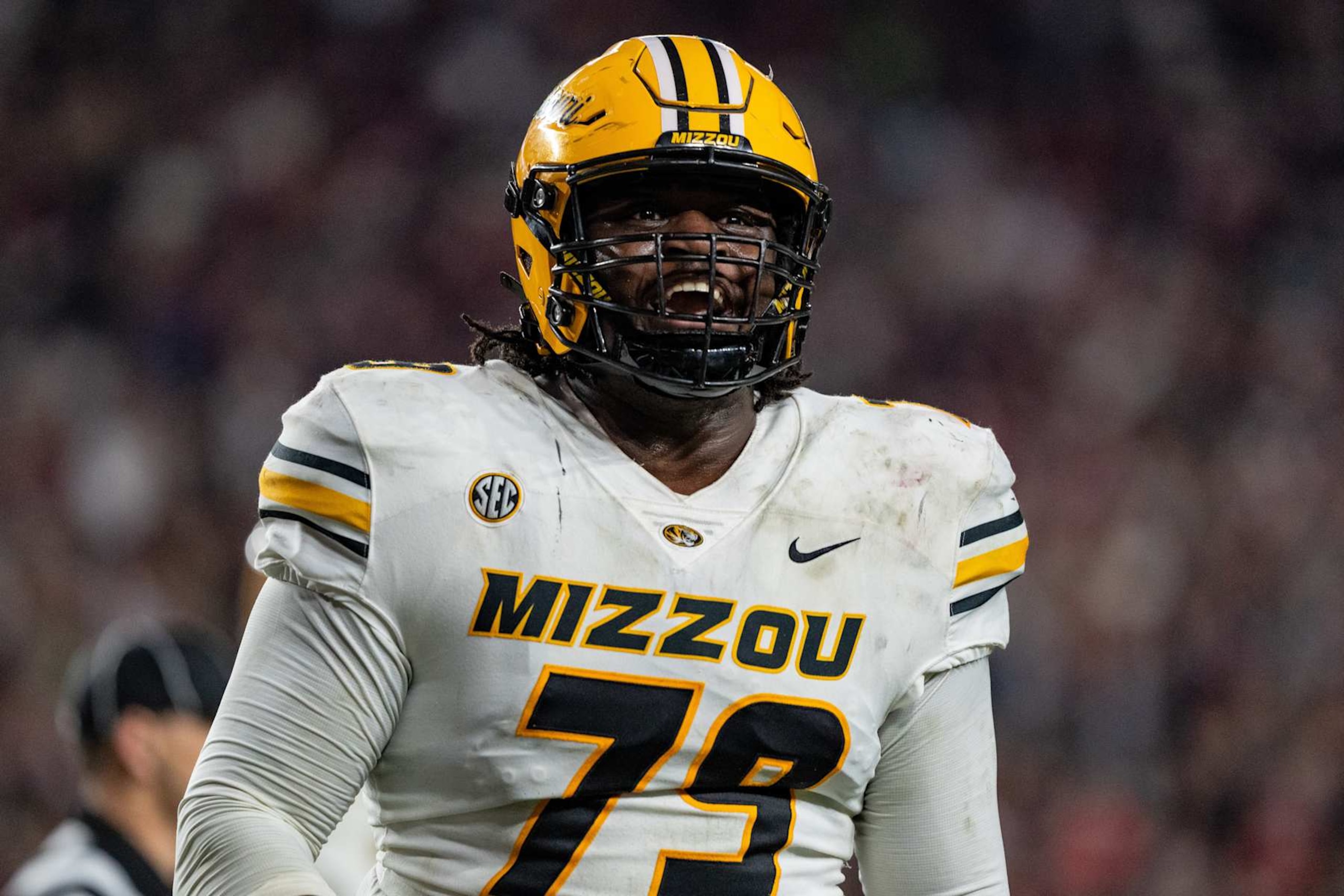 COLUMBIA, SOUTH CAROLINA - NOVEMBER 16: Armand Membou #79 of the Missouri Tigers looks on during their game against the South Carolina Gamecocks at Williams-Brice Stadium on November 16, 2024 in Columbia, South Carolina. (Photo by Jacob Kupferman/Getty Images)