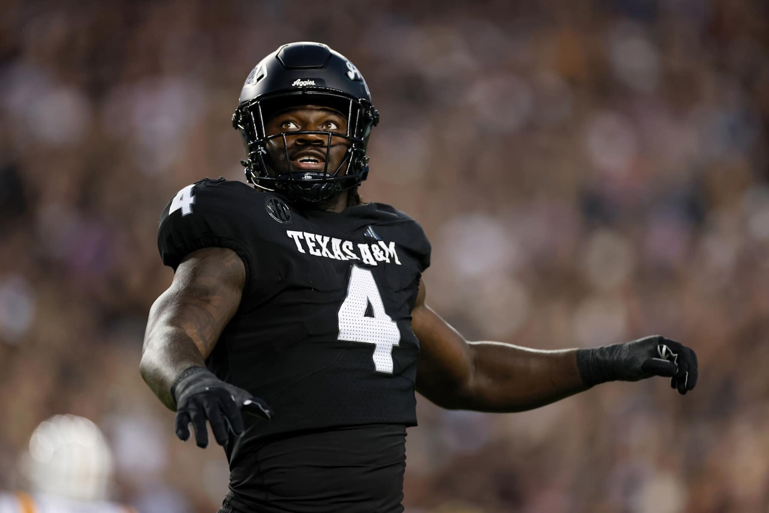 COLLEGE STATION, TEXAS - OCTOBER 26: Shemar Stewart #4 of the Texas A&M Aggies reacts in the first quarter against the LSU Tigers at Kyle Field on October 26, 2024 in College Station, Texas. (Photo by Tim Warner/Getty Images)