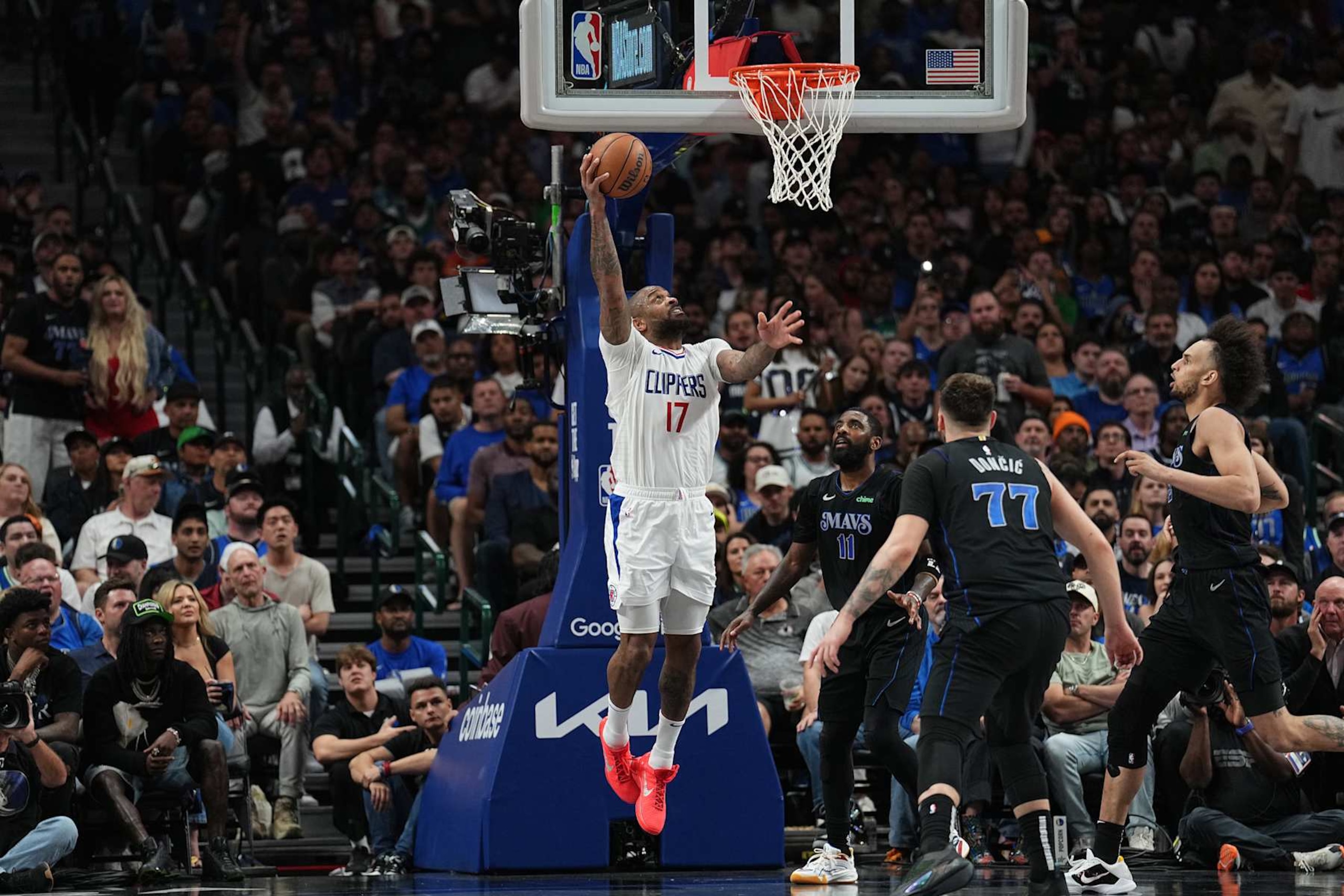 DALLAS, TX - MAY 3: PJ Tucker #17 of the LA Clippers drives to the basket during the game against the Dallas Mavericks during Round 1 Game 6 of the 2024 NBA Playoffs  on May 3, 2024  at the American Airlines Center in Dallas, Texas. NOTE TO USER: User expressly acknowledges and agrees that, by downloading and or using this photograph, User is consenting to the terms and conditions of the Getty Images License Agreement. Mandatory Copyright Notice: Copyright 2024 NBAE (Photo by Glenn James/NBAE via Getty Images)