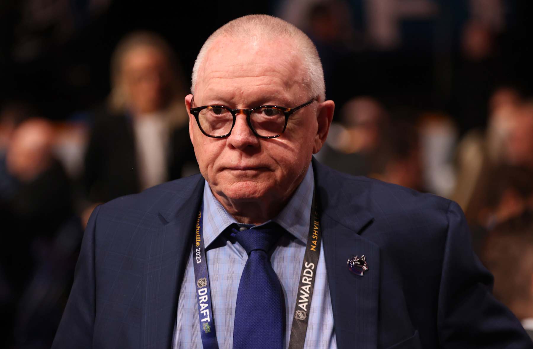 NASHVILLE, TENNESSEE - JUNE 29: Jim Rutherford of the Vancouver Canucks looks on during the 2023 Upper Deck NHL Draft - Rounds 2-7 at Bridgestone Arena on June 29, 2023 in Nashville, Tennessee. (Photo by Dave Sandford/NHLI via Getty Images)