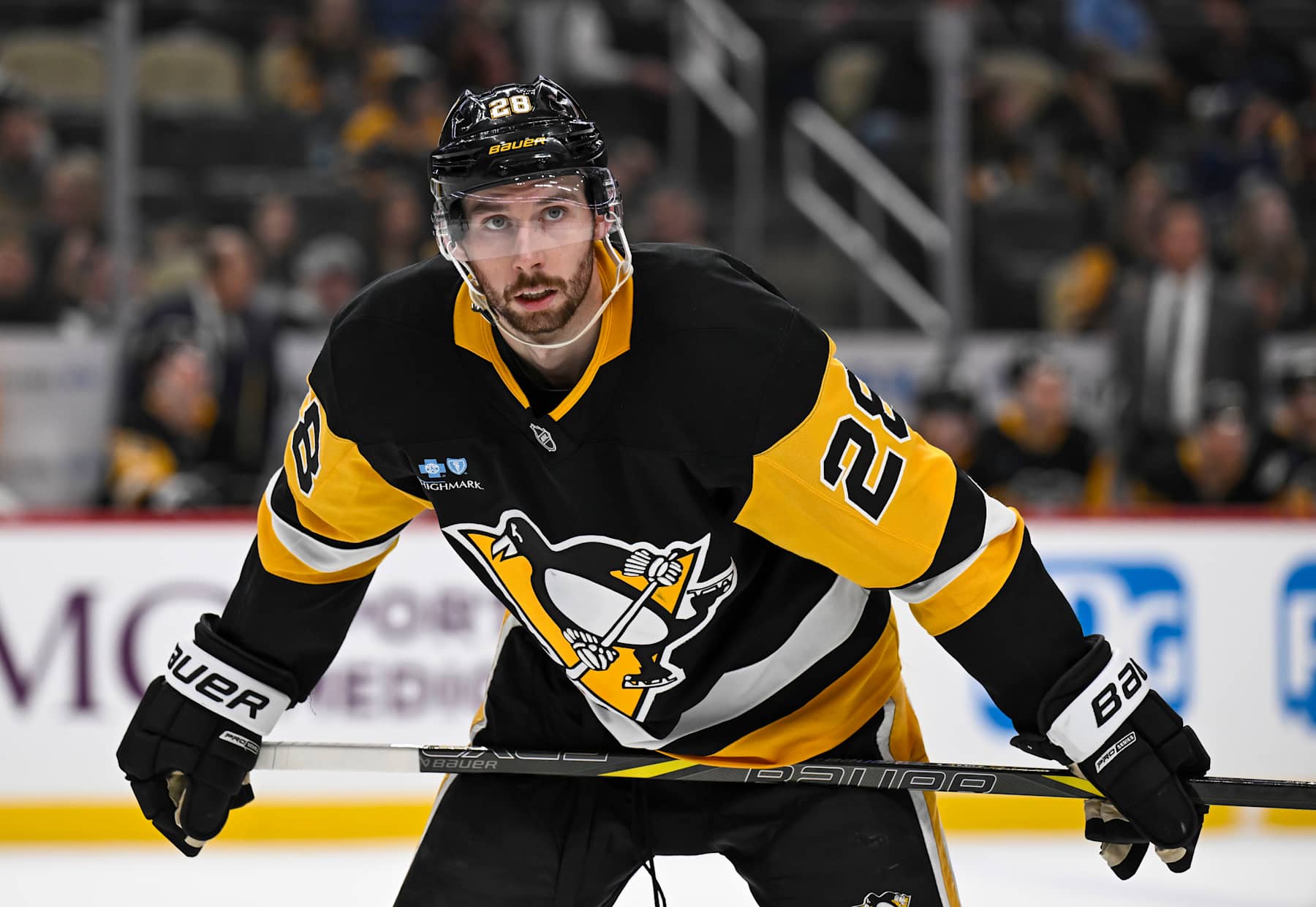 PITTSBURGH, PA - JANUARY 12: Pittsburgh Penguins defenseman Marcus Pettersson (28) waits for play to begin during the second period in the NHL game between the Pittsburgh Penguins and the Tampa Bay Lightning on January 12, 2025, at PPG Paints Arena in Pittsburgh, PA. (Photo by Jeanine Leech/Icon Sportswire via Getty Images)
