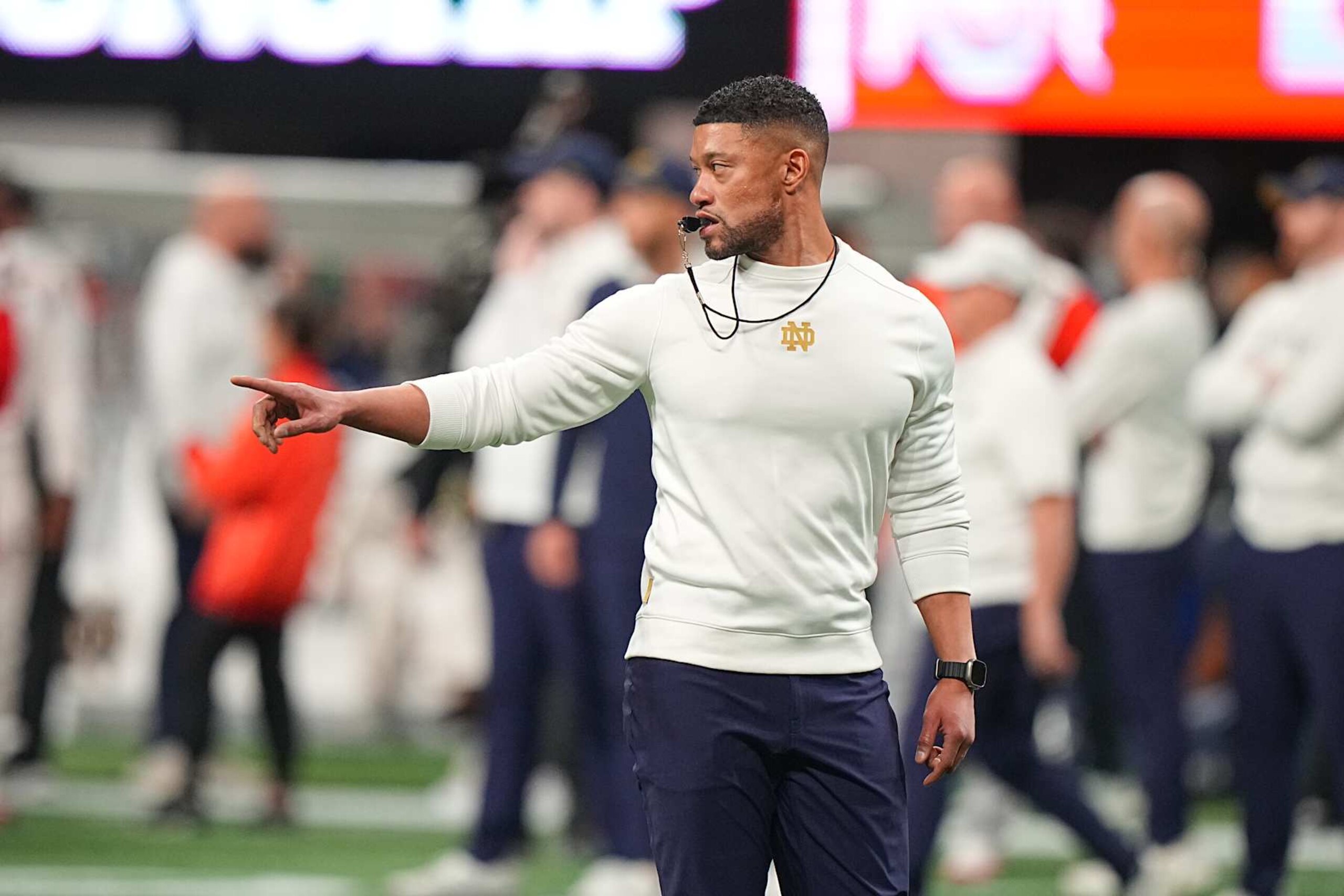 College Football: CFP National Championship: Notre Dame head coach Marcus Freeman in action, instructs players prior to game vs Ohio State at Mercedes-Benz Stadium. 
Atlanta, GA 1/20/2025 
CREDIT: Erick W. Rasco (Photo by Erick W. Rasco/Sports Illustrated via Getty Images) 
(Set Number: X164668 TK1)