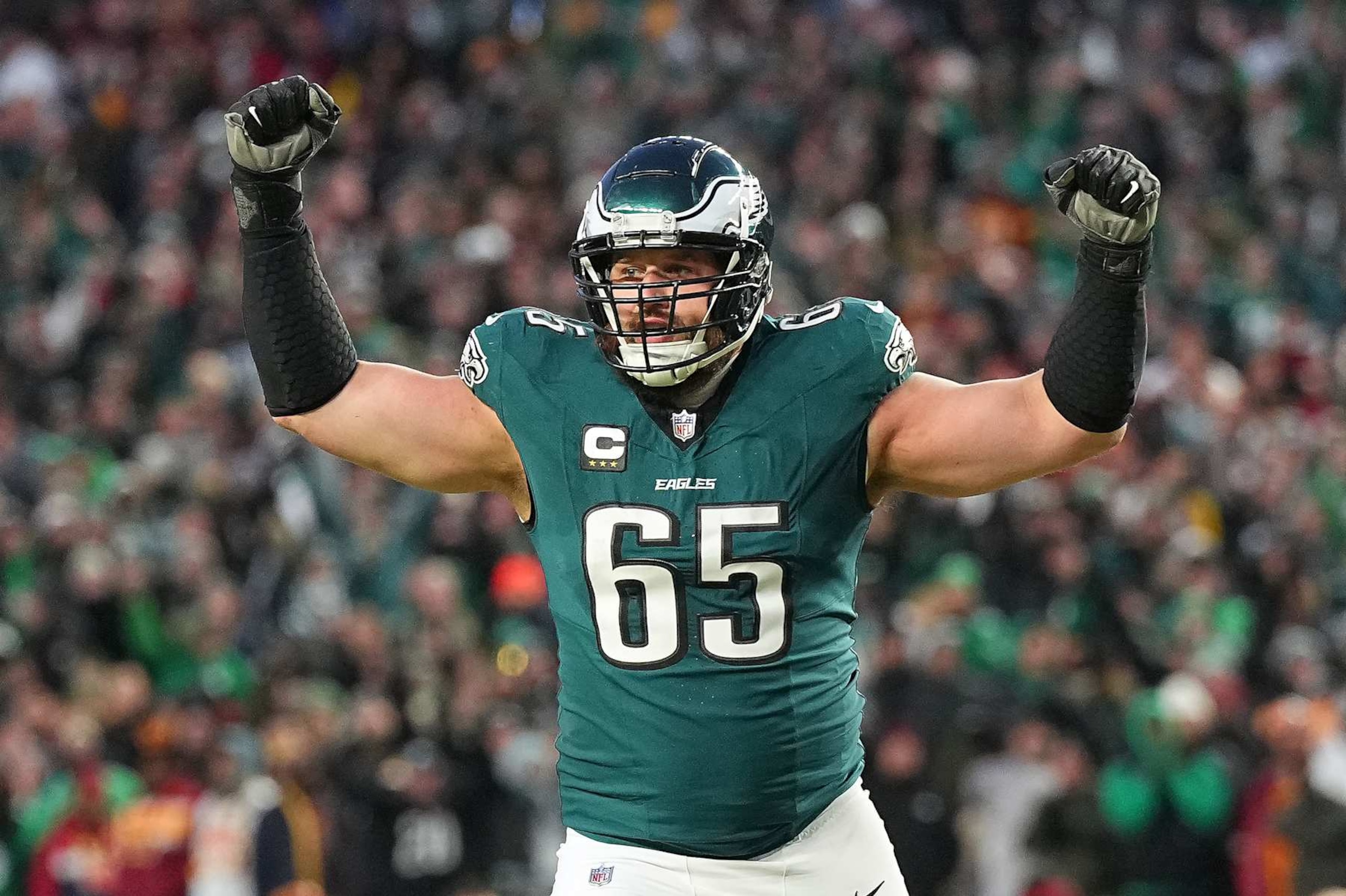 PHILADELPHIA, PENNSYLVANIA - JANUARY 26: Lane Johnson #65 of the Philadelphia Eagles reacts after a touchdown run against the Washington Commanders during the third quarter in the NFC Championship Game at Lincoln Financial Field on January 26, 2025 in Philadelphia, Pennsylvania.  (Photo by Mitchell Leff/Getty Images)