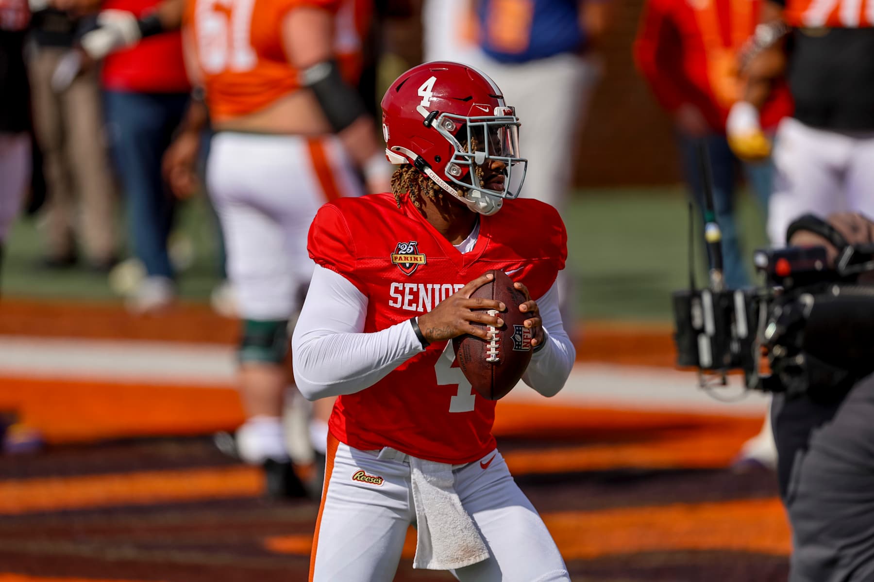 MOBILE, ALABAMA - JANUARY 29: Jalen Milroe #4 of Alabama during Senior Bowl practice at Hancock Whitney Stadium on January 29, 2025 in Mobile, Alabama. (Photo by Derick E. Hingle/Getty Images)