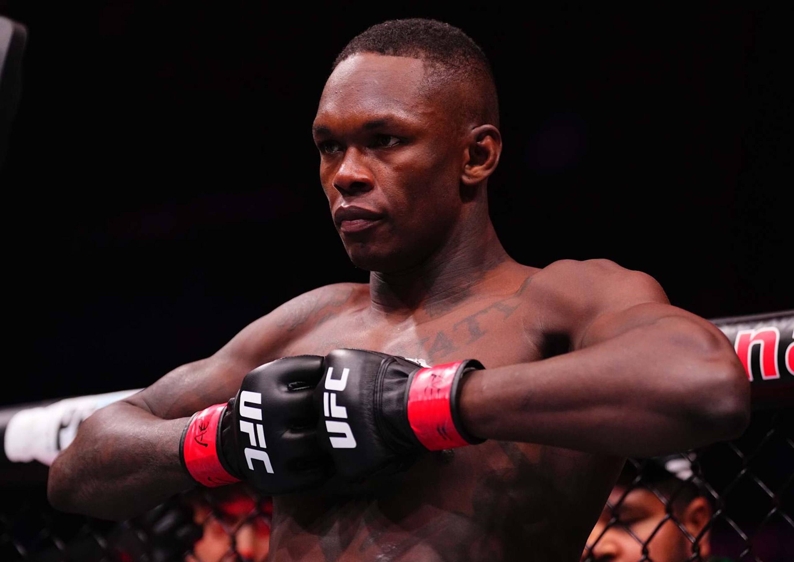 RIYADH, SAUDI ARABIA - FEBRUARY 01: Israel Adesanya of Nigeria prepares to face Nassourdine Imavov of Russia in a middleweight fight during the UFC Fight Night event at anb Arena on February 01, 2025 in Riyadh, Saudi Arabia.  (Photo by Chris Unger/Zuffa LLC)