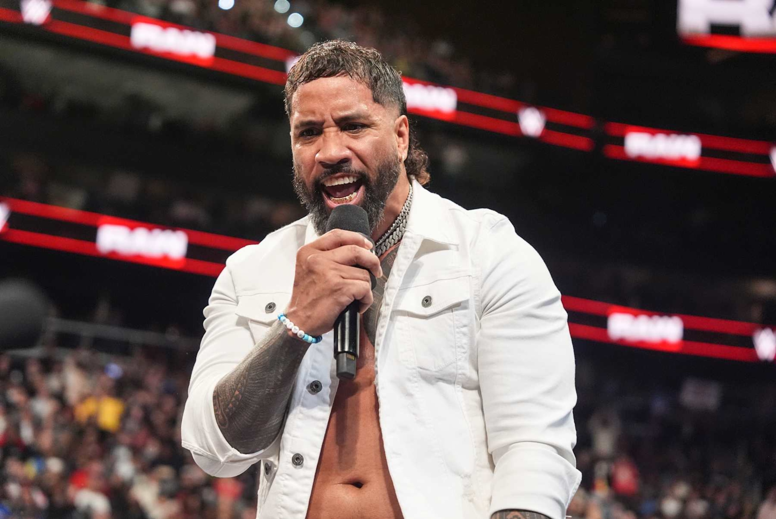 ATLANTA, GEORGIA - JANUARY 27: Jey Uso speaks during WWE Monday Night RAW at State Farm Arena on January 27, 2025 in Atlanta, Georgia. (Photo by WWE/Getty Images) ATLANTA, GEORGIA - JANUARY 27: Jey Uso speaks during WWE Monday Night RAW at State Farm Arena on January 27, 2025 in Atlanta, Georgia. (Photo by WWE/Getty Images)
