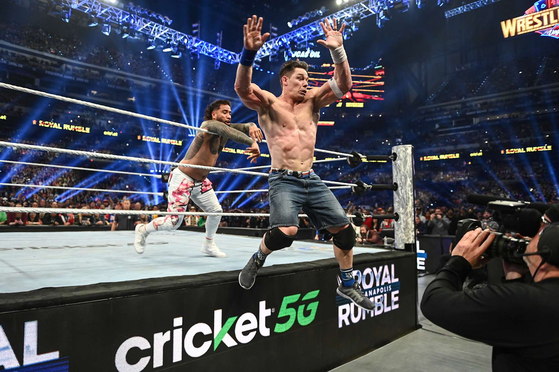 INDIANAPOLIS, INDIANA - FEBRUARY 1: Jey Uso eliminates John Cena during Royal Rumble at Lucas Oil Stadium on February 1, 2025 in Indianapolis, Indiana. (Photo by Andrew Timms/WWE via Getty Images)