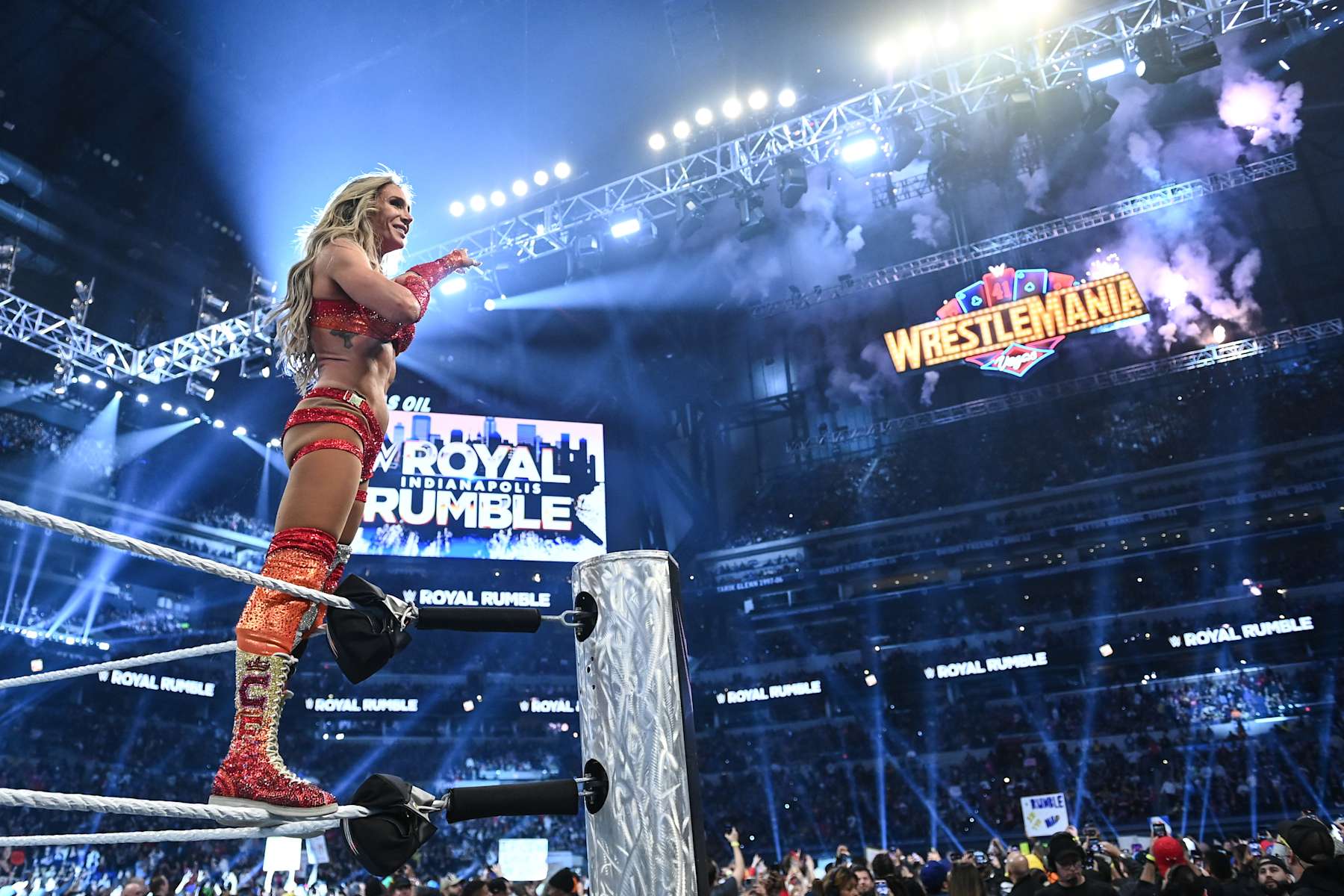 INDIANAPOLIS, INDIANA - FEBRUARY 01: Charlotte Flair celebrates her win during the Women's Royal Rumble at Lucas Oil Stadium on February 1, 2025 in Indianapolis, Indiana. (Photo by Andrew Timms/WWE via Getty Images)
