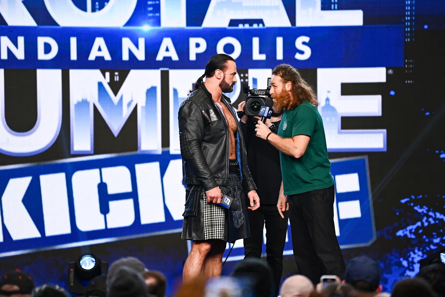 INDIANAPOLIS, INDIANA - JANUARY 31: Drew McIntyre and Sami Zayn confront each other during the Royal Rumble Kickoff Show at Gainbridge Fieldhouse on January 31, 2025 in Indianapolis, Indiana. (Photo by WWE/WWE via Getty Images)