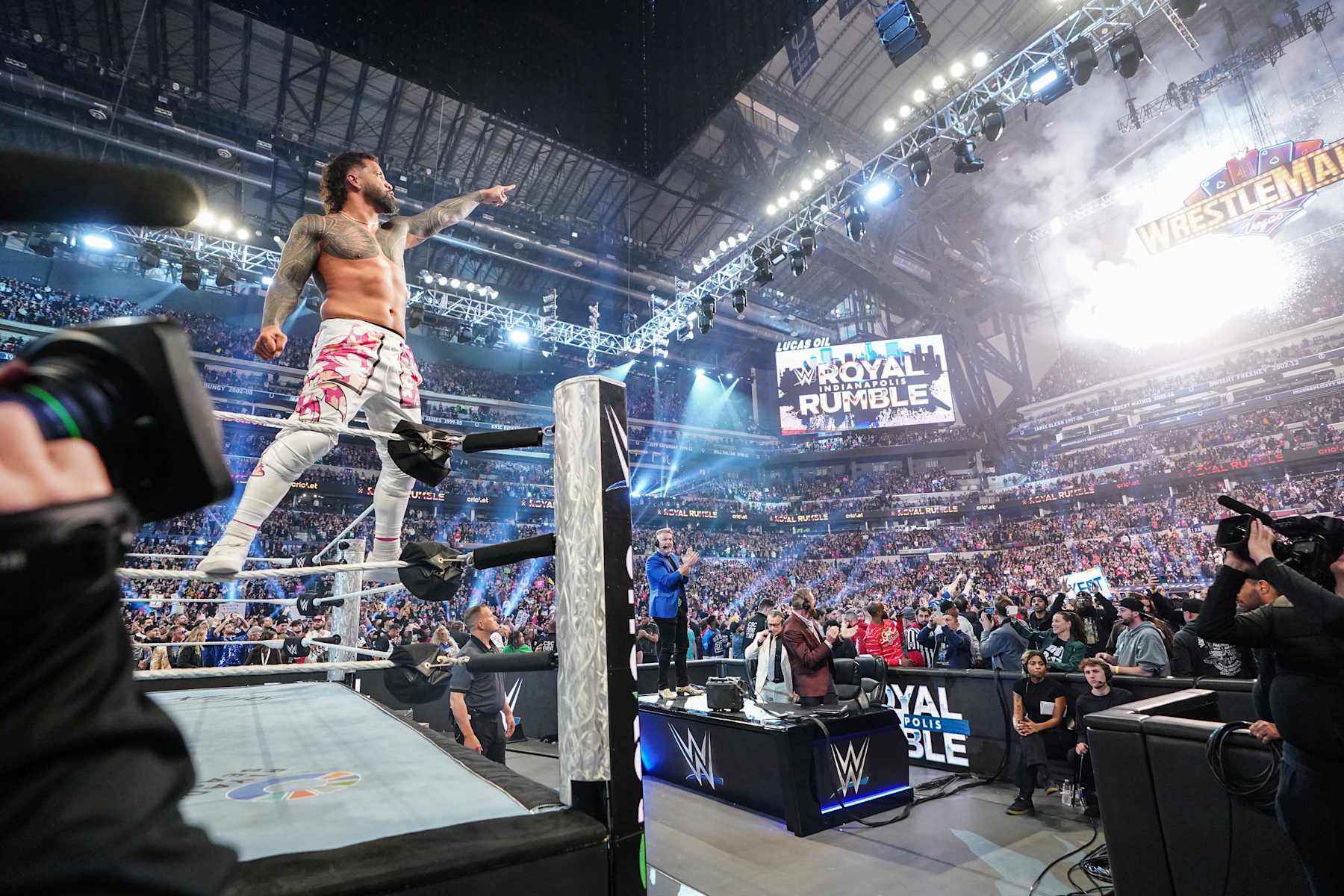 INDIANAPOLIS, INDIANA - FEBRUARY 1: Jey Uso celebrates his win during Royal Rumble at Lucas Oil Stadium on February 1, 2025 in Indianapolis, Indiana. (Photo by Rich Freeda/WWE via Getty Images)