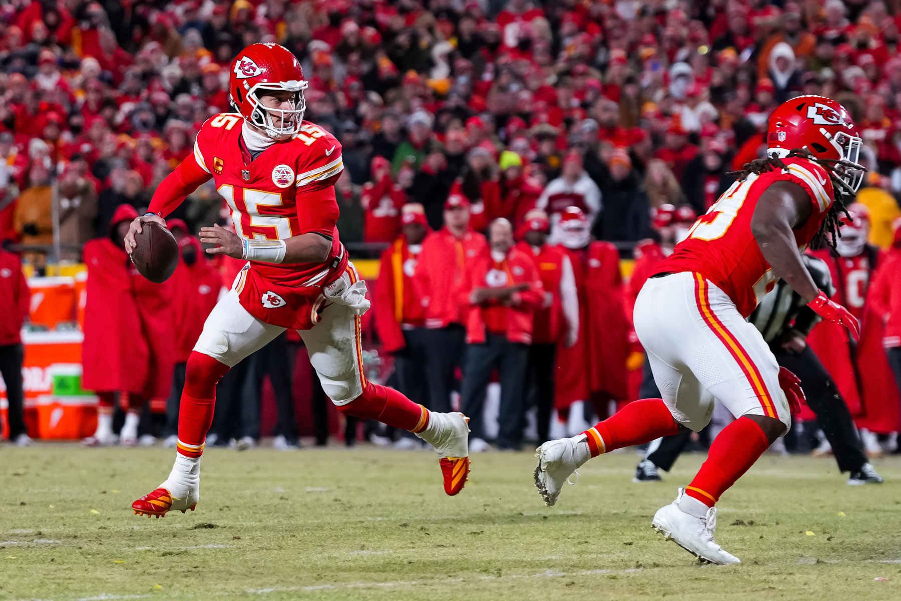 KANSAS CITY, MISSOURI - JANUARY 26: Quarterback Patrick Mahomes #15 of the Kansas City Chiefs drops back to pass during the first half of the AFC Championship game against the Buffalo Bills, at GEHA Field at Arrowhead Stadium on January 26, 2025 in Kansas City, Missouri. (Photo by Todd Rosenberg/Getty Images)