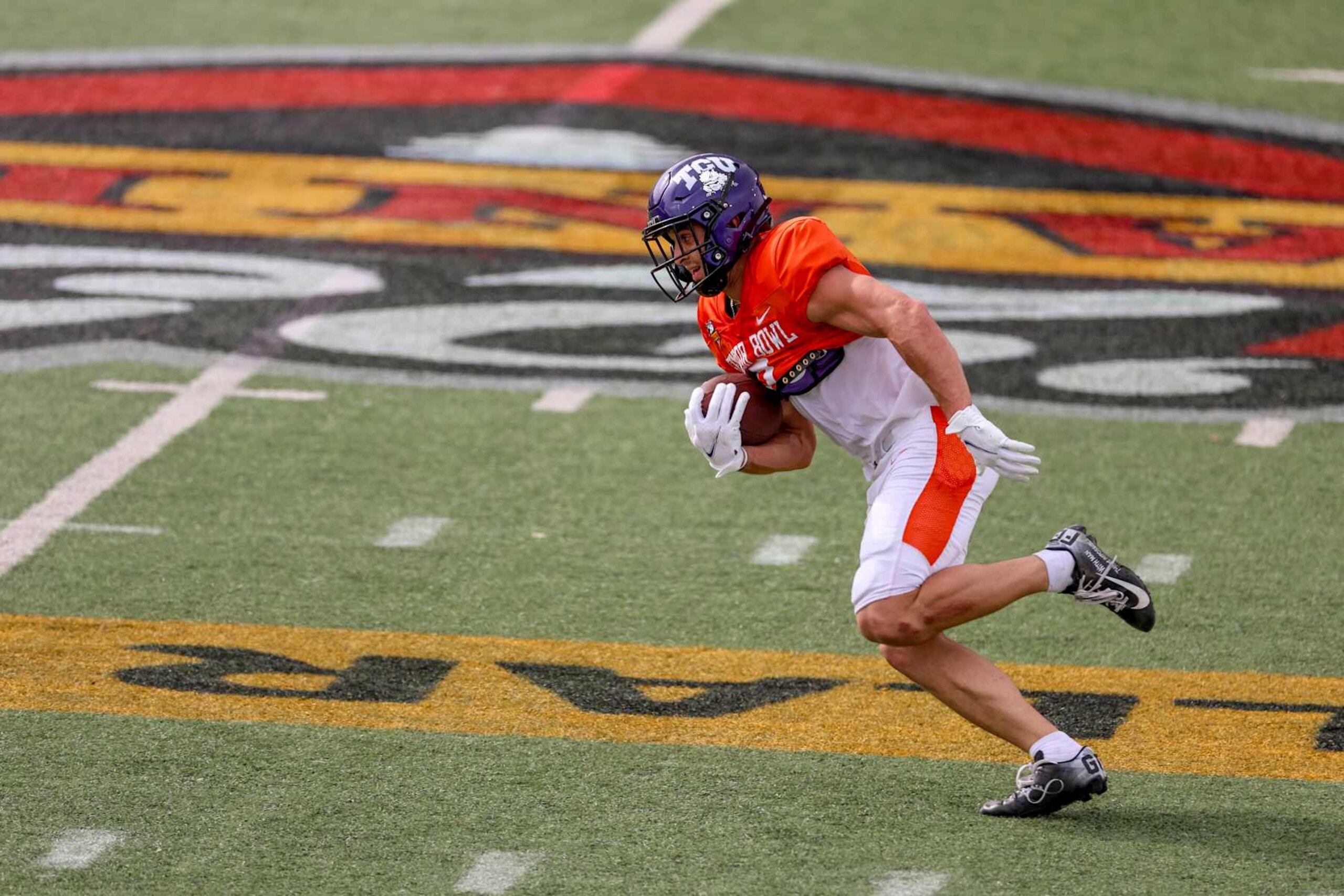 MOBILE, ALABAMA - JANUARY 29: Jack Bech #7 of TCU during Senior Bowl practice at Hancock Whitney Stadium on January 29, 2025 in Mobile, Alabama. (Photo by Derick E. Hingle/Getty Images)