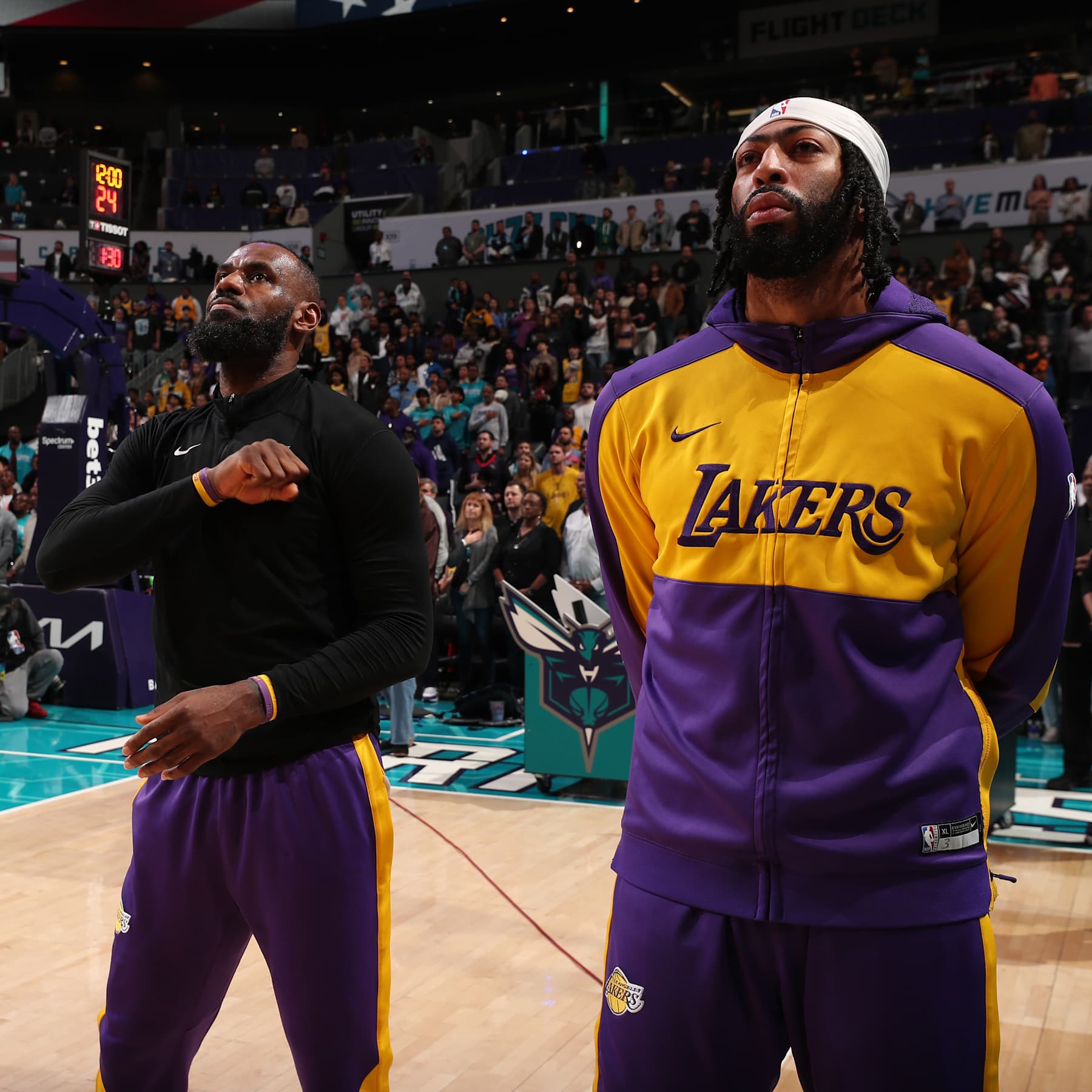 CHARLOTTE, NC - JANUARY 27: LeBron James #23 and Anthony Davis #3 of the Los Angeles Lakers before the game against the Charlotte Hornets on January 27, 2025 at Spectrum Center in Charlotte, North Carolina. NOTE TO USER: User expressly acknowledges and agrees that, by downloading and or using this photograph, User is consenting to the terms and conditions of the Getty Images License Agreement. Mandatory Copyright Notice: Copyright 2025 NBAE (Photo by Kent Smith/NBAE via Getty Images)