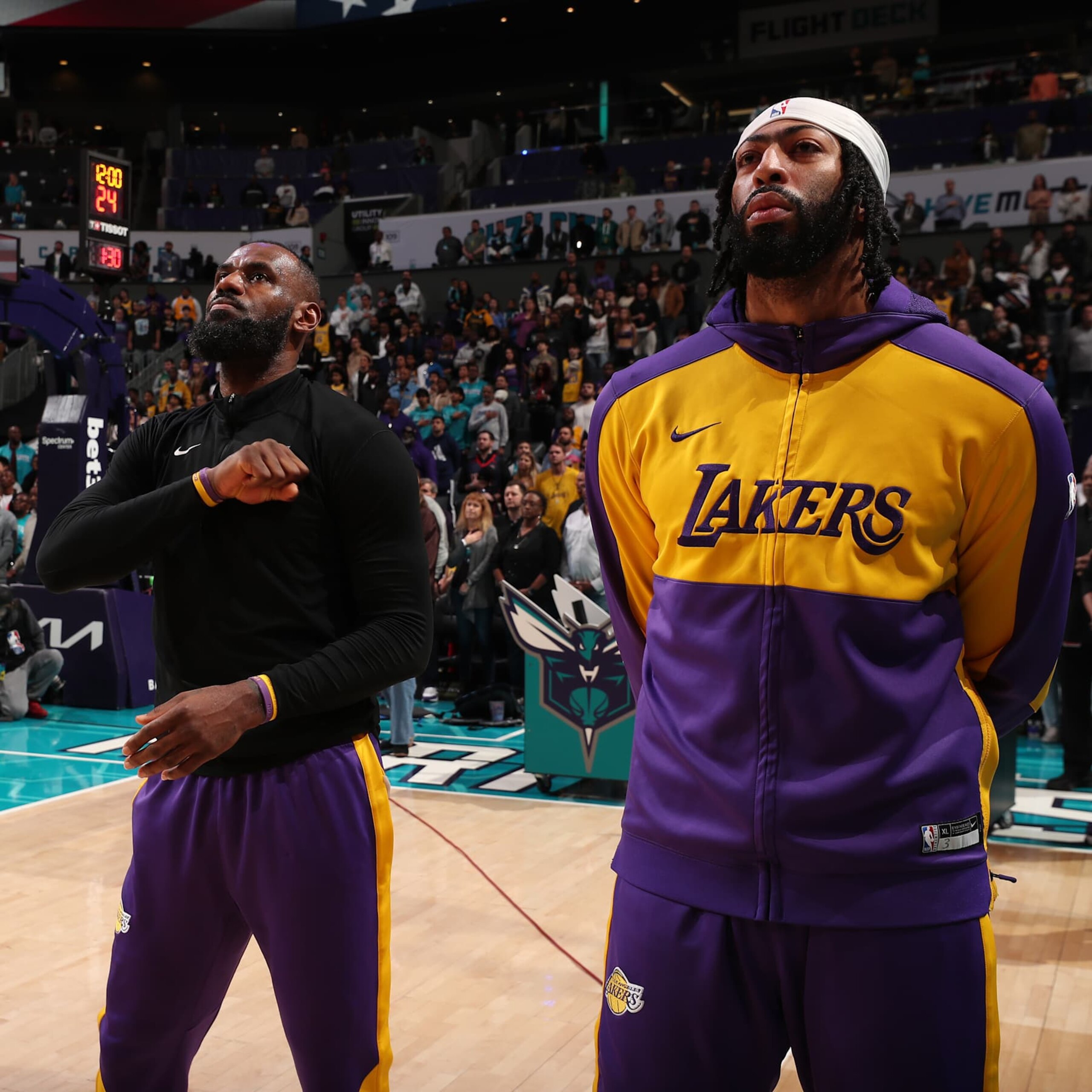 CHARLOTTE, NC - JANUARY 27: LeBron James #23 and Anthony Davis #3 of the Los Angeles Lakers before the game against the Charlotte Hornets on January 27, 2025 at Spectrum Center in Charlotte, North Carolina. NOTE TO USER: User expressly acknowledges and agrees that, by downloading and or using this photograph, User is consenting to the terms and conditions of the Getty Images License Agreement. Mandatory Copyright Notice: Copyright 2025 NBAE (Photo by Kent Smith/NBAE via Getty Images) CHARLOTTE, NC - JANUARY 27: LeBron James #23 and Anthony Davis #3 of the Los Angeles Lakers before the game against the Charlotte Hornets on January 27, 2025 at Spectrum Center in Charlotte, North Carolina. NOTE TO USER: User expressly acknowledges and agrees that, by downloading and or using this photograph, User is consenting to the terms and conditions of the Getty Images License Agreement. Mandatory Copyright Notice: Copyright 2025 NBAE (Photo by Kent Smith/NBAE via Getty Images)