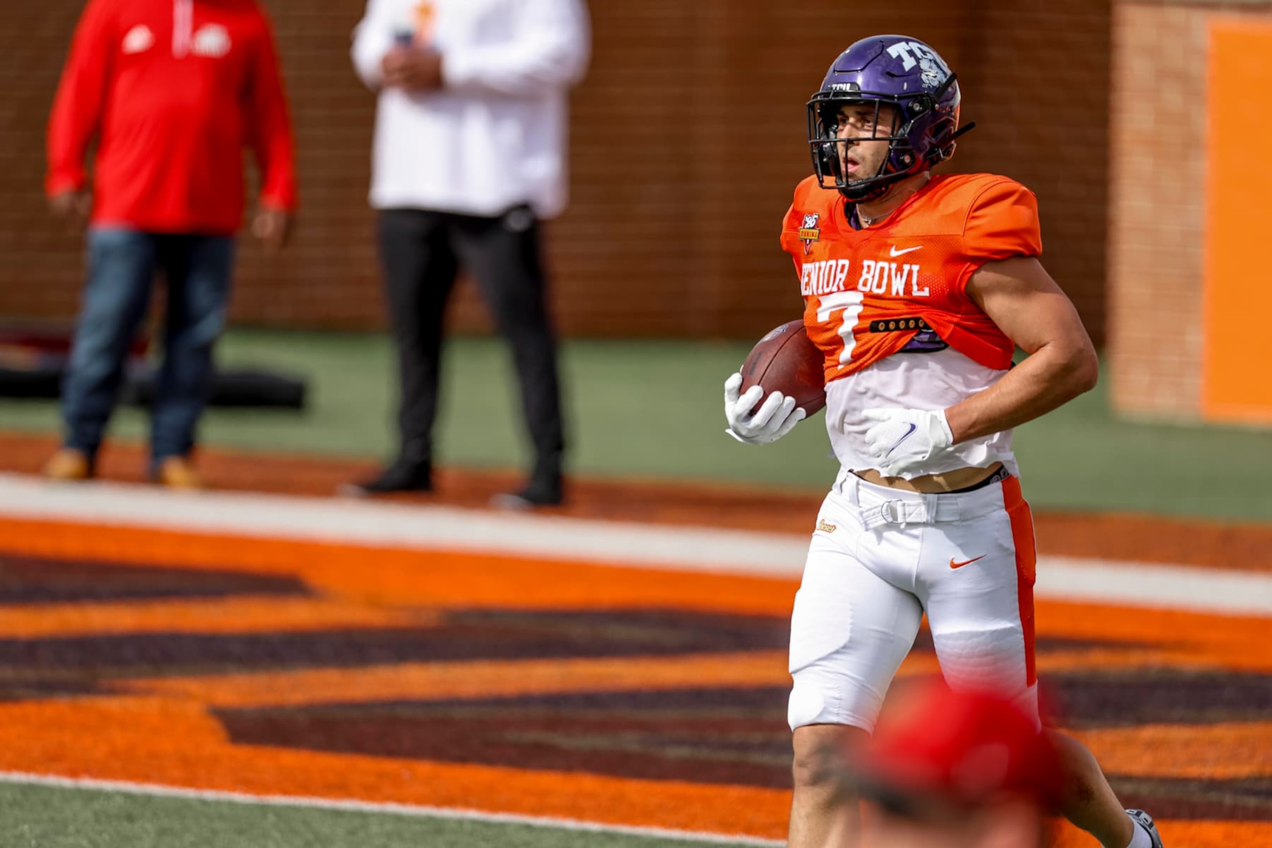 MOBILE, ALABAMA - JANUARY 29: Jack Bech #7 of TCU during Senior Bowl practice at Hancock Whitney Stadium on January 29, 2025 in Mobile, Alabama. (Photo by Derick E. Hingle/Getty Images)