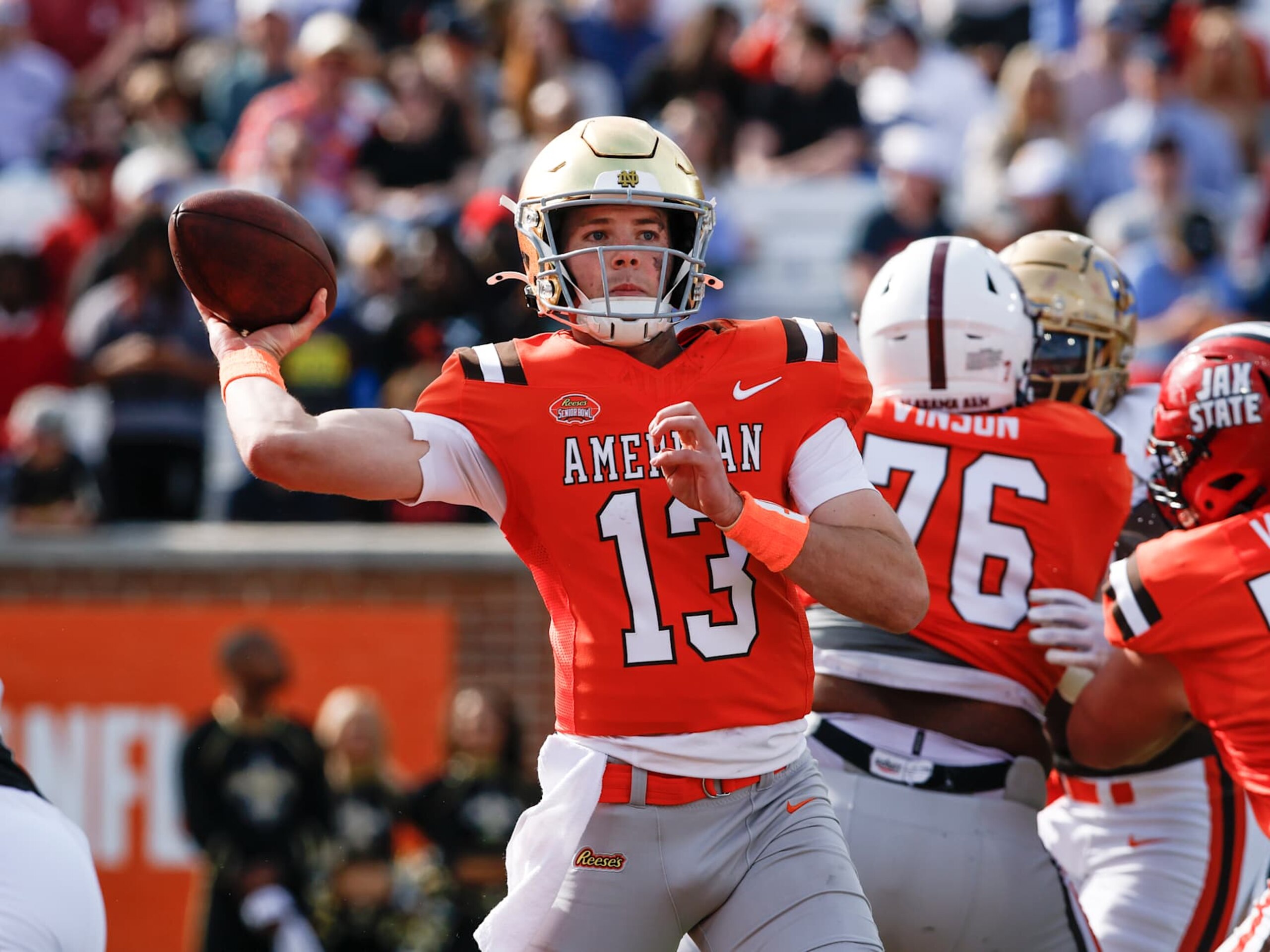 MOBILE, AL - FEBRUARY 01: Quarterback Riley Leonard #13 of Notre Dame from the American Team on a passing play during the first half of 2025 Reese's Senior Bowl at Hancock Whitney Stadium on the campus of the University of South Alabama on February 1, 2025 in Mobile, Alabama. The American Team defeated the National Team, 22-19. (Photo by Don Juan Moore/Getty Images)