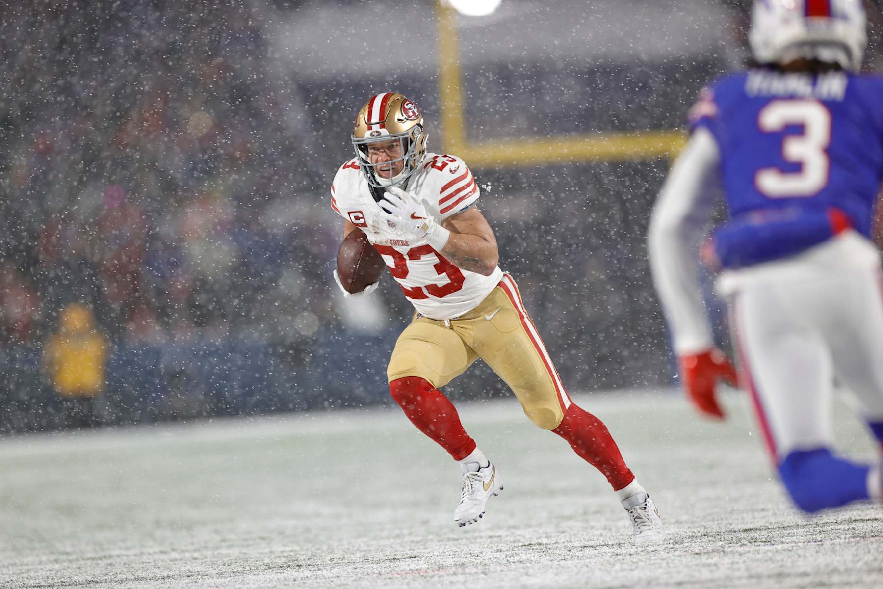 ORCHARD PARK, NY - DECEMBER 1: Christian McCaffrey #23 of the San Francisco 49ers rushes during the game against the Buffalo Bills at Highmark Stadium on December 1, 2024 in Orchard Park, New York. The Bills defeated the 49ers 35-10. (Photo by Michael Zagaris/San Francisco 49ers/Getty Images)