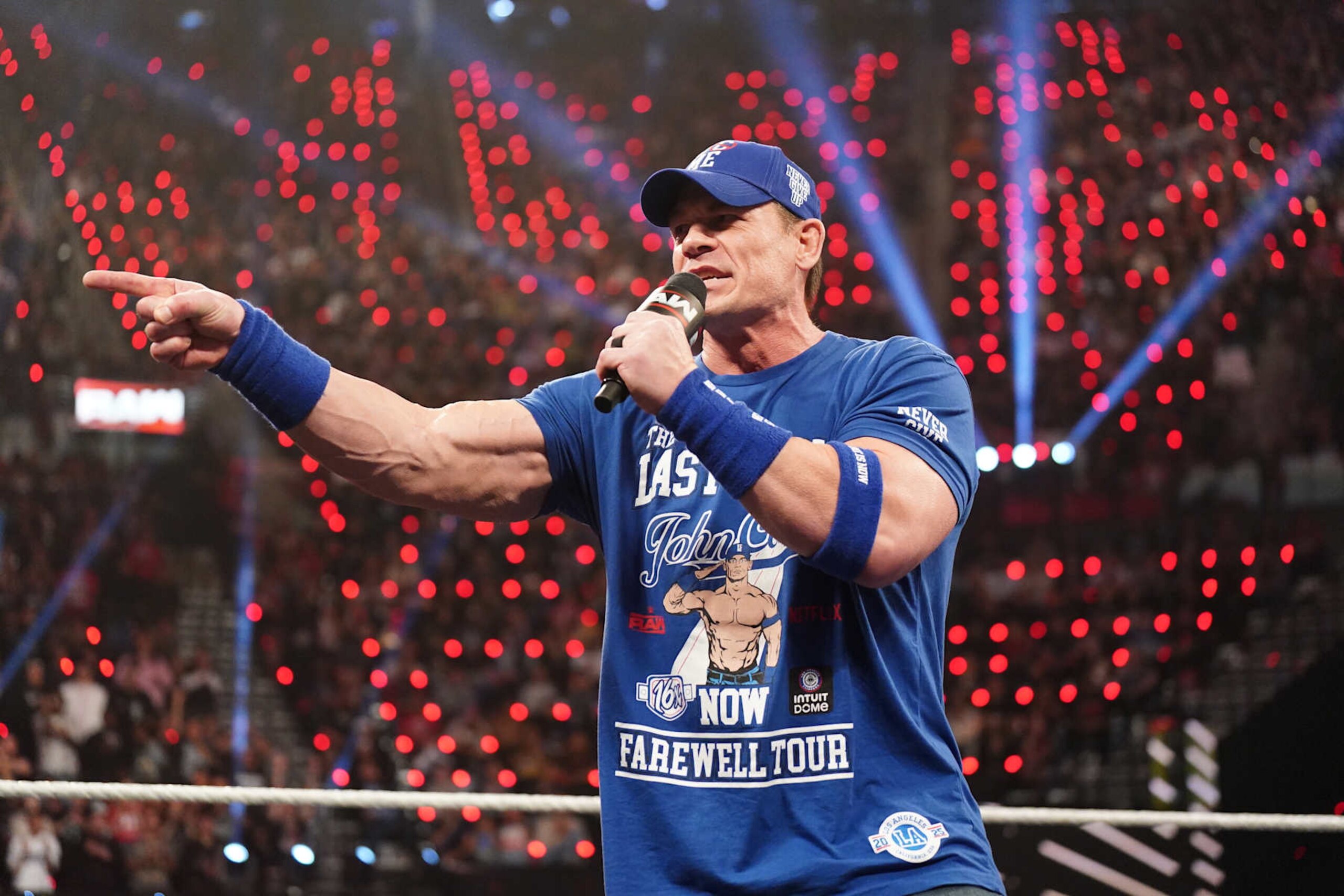 INGLEWOOD, CALIFORNIA - JANUARY 06: John Cena addresses the crowd during Monday Night RAW at Intuit Dome on January 6, 2025 in Inglewood, California.  (Photo by WWE/Getty Images)