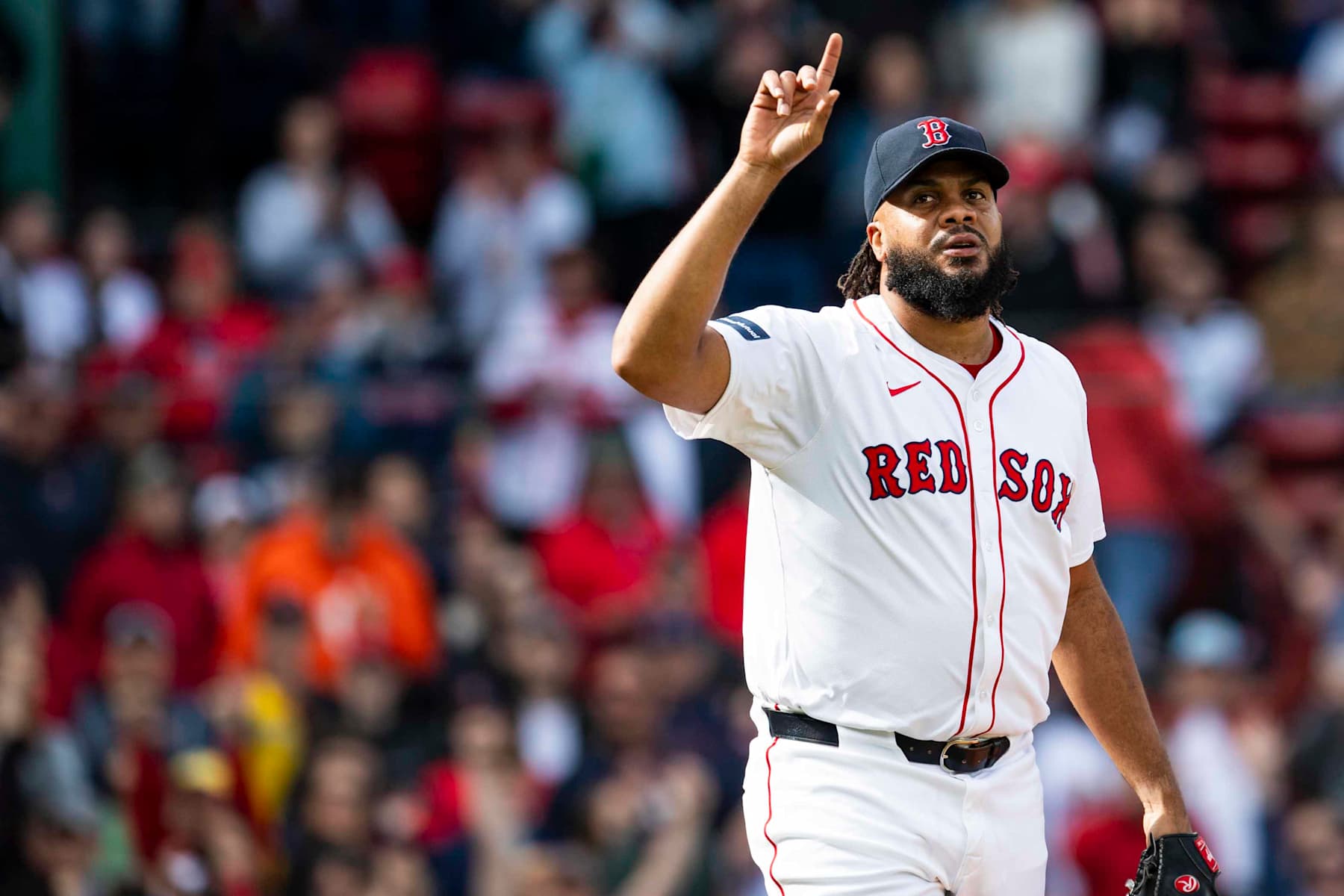 BOSTON, MA - SEPTEMBER 22: Kenley Jansen #74 of the Boston Red Sox reacts after a victory in game one of a doubleheader against the Minnesota Twins on September 22, 2024 at Fenway Park in Boston, Massachusetts. (Photo by Billie Weiss/Boston Red Sox/Getty Images)