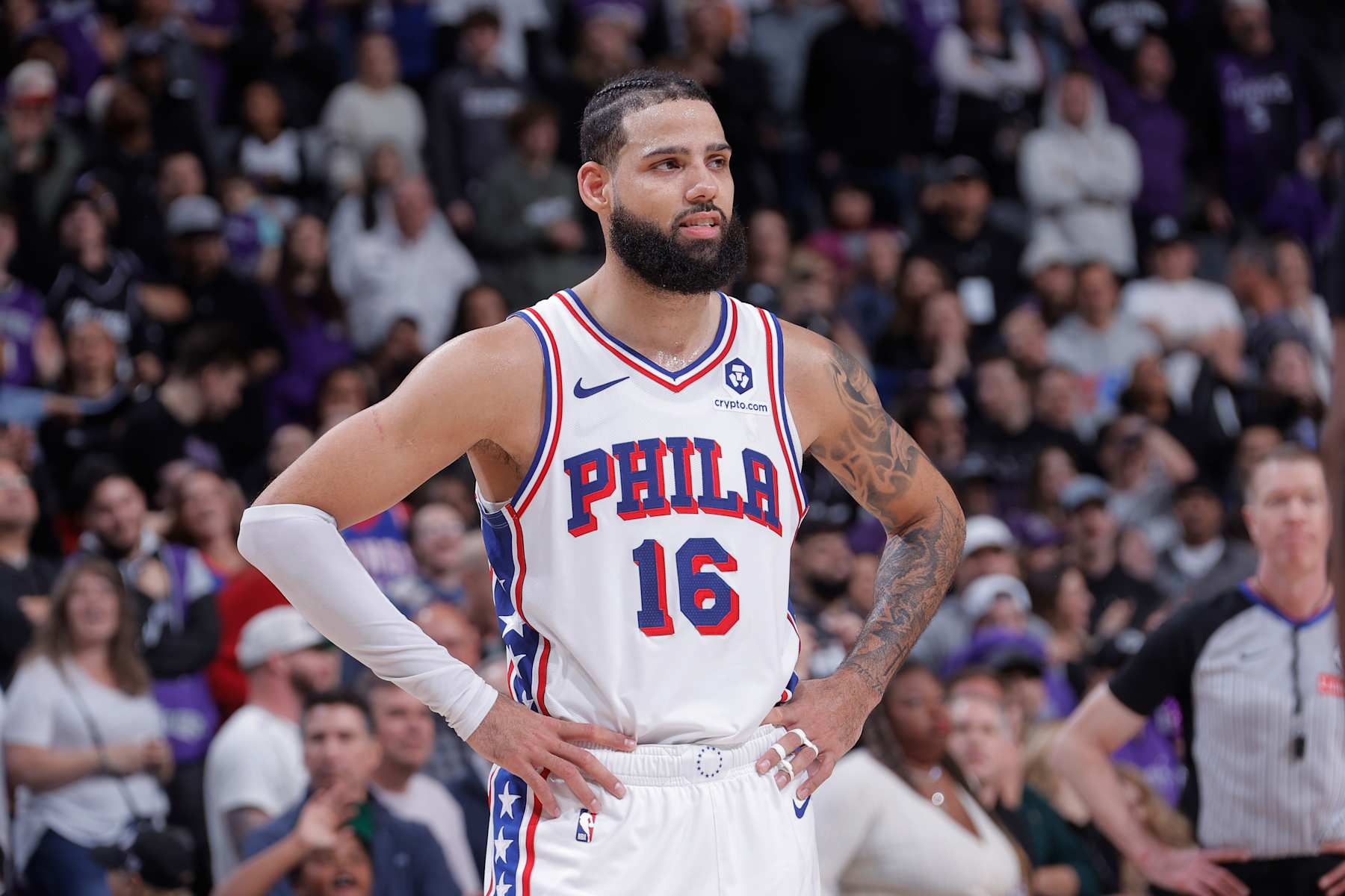 SACRAMENTO, CA - JANUARY 1: Caleb Martin #16 of the Philadelphia 76ers looks on during the game against the Sacramento Kings on January 1, 2025 at Golden 1 Center in Sacramento, California. NOTE TO USER: User expressly acknowledges and agrees that, by downloading and or using this photograph, User is consenting to the terms and conditions of the Getty Images Agreement. Mandatory Copyright Notice: Copyright 2025 NBAE (Photo by Rocky Widner/NBAE via Getty Images) SACRAMENTO, CA - JANUARY 1: Caleb Martin #16 of the Philadelphia 76ers looks on during the game against the Sacramento Kings on January 1, 2025 at Golden 1 Center in Sacramento, California. NOTE TO USER: User expressly acknowledges and agrees that, by downloading and or using this photograph, User is consenting to the terms and conditions of the Getty Images Agreement. Mandatory Copyright Notice: Copyright 2025 NBAE (Photo by Rocky Widner/NBAE via Getty Images)