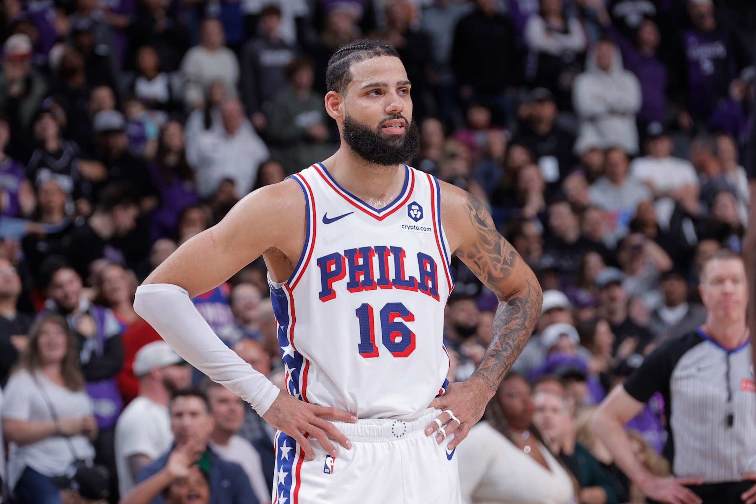SACRAMENTO, CA - JANUARY 1: Caleb Martin #16 of the Philadelphia 76ers looks on during the game against the Sacramento Kings on January 1, 2025 at Golden 1 Center in Sacramento, California. NOTE TO USER: User expressly acknowledges and agrees that, by downloading and or using this photograph, User is consenting to the terms and conditions of the Getty Images Agreement. Mandatory Copyright Notice: Copyright 2025 NBAE (Photo by Rocky Widner/NBAE via Getty Images) SACRAMENTO, CA - JANUARY 1: Caleb Martin #16 of the Philadelphia 76ers looks on during the game against the Sacramento Kings on January 1, 2025 at Golden 1 Center in Sacramento, California. NOTE TO USER: User expressly acknowledges and agrees that, by downloading and or using this photograph, User is consenting to the terms and conditions of the Getty Images Agreement. Mandatory Copyright Notice: Copyright 2025 NBAE (Photo by Rocky Widner/NBAE via Getty Images)
