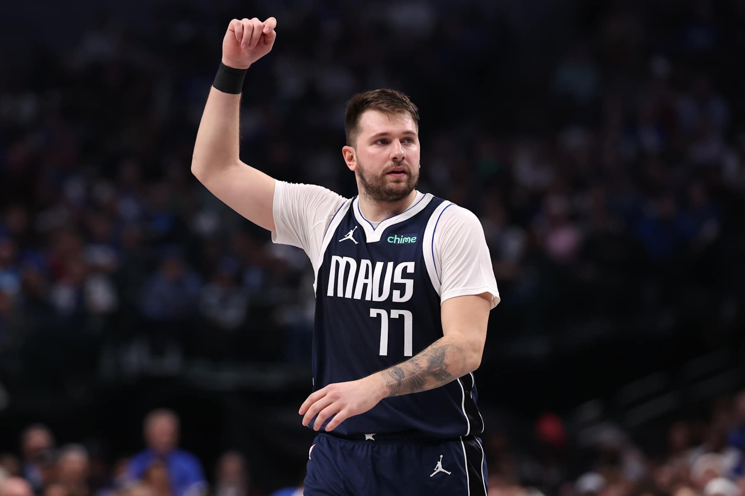 DALLAS, TEXAS - DECEMBER 23: Luka Doncic #77 of the Dallas Mavericks looks on during the first half against the Portland Trail Blazers at American Airlines Center on December 23, 2024 in Dallas, Texas. NOTE TO USER: User expressly acknowledges and agrees that, by downloading and/or using this photograph, user is consenting to the terms and conditions of the Getty Images License Agreement. (Photo by Sam Hodde/Getty Images)