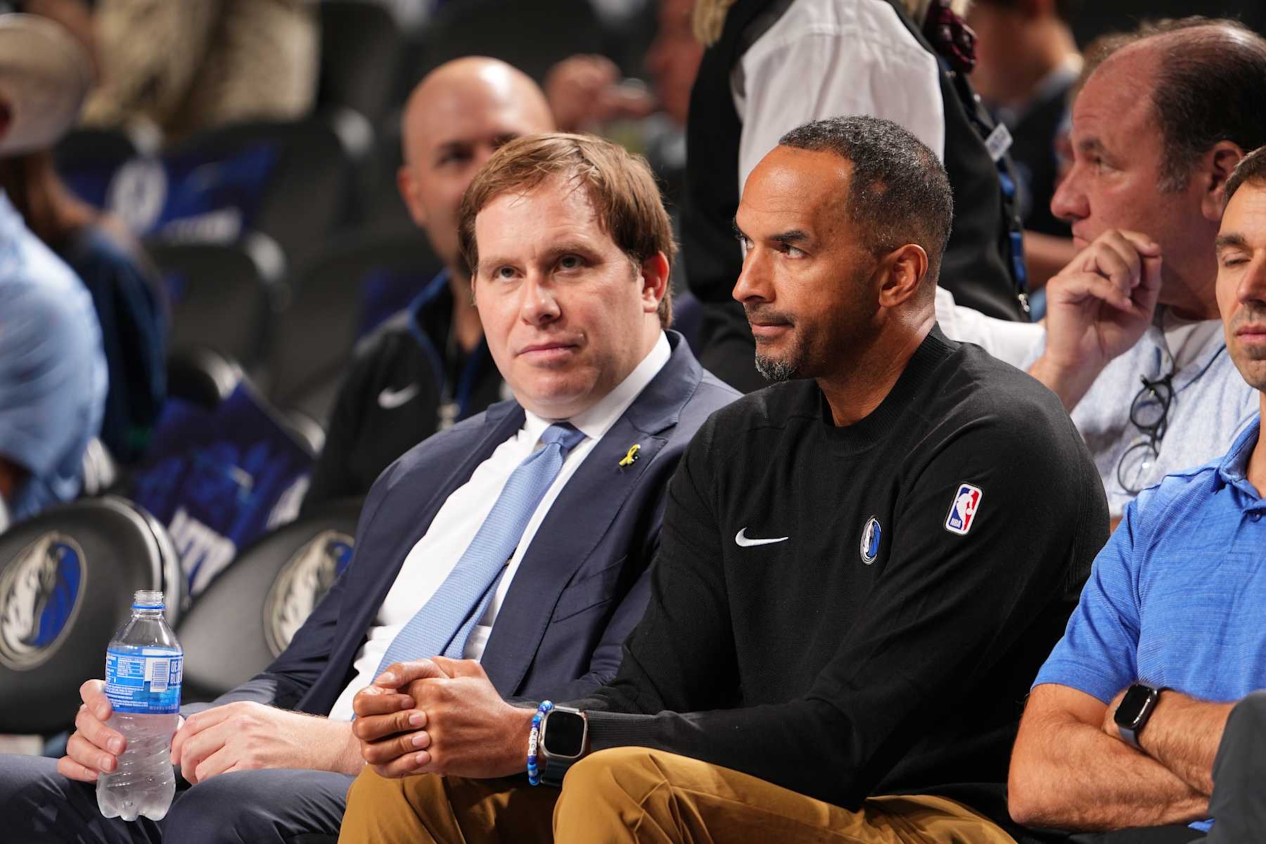 DALLAS, TX - OCTOBER 7:  Patrick Dumont and Nico Harrison attend the game between the Memphis Grizzlies and the Dallas Mavericks during the 2024 NBA Preseason on October 7, 2024 at dalAmerican Airlines Center in Dallas, Texas. NOTE TO USER: User expressly acknowledges and agrees that, by downloading and or using this photograph, User is consenting to the terms and conditions of the Getty Images License Agreement. Mandatory Copyright Notice: Copyright 2024 NBAE (Photo by Glenn James/NBAE via Getty Images)