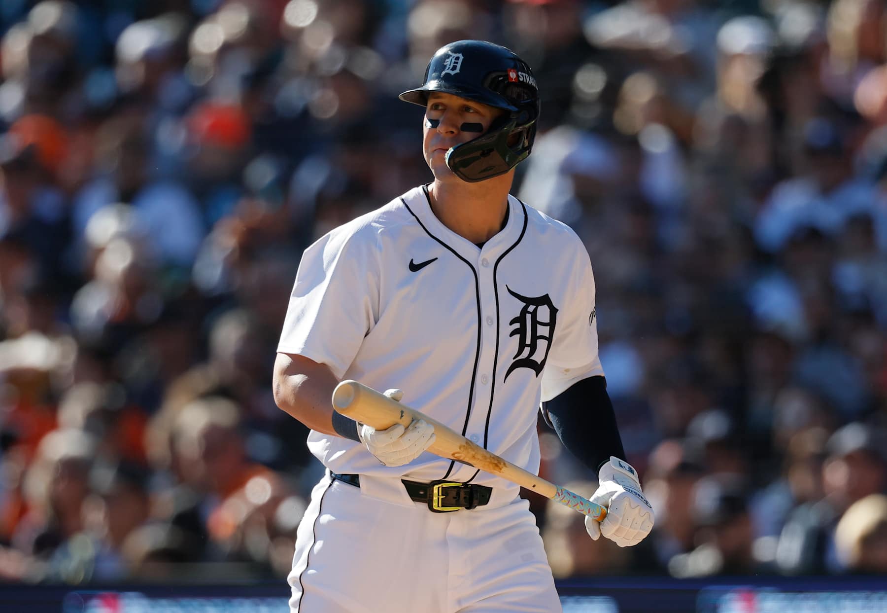 DETROIT, MI - OCTOBER 9: Spencer Torkelson #20 of the Detroit Tigers heads for the dugout after striking out against the Cleveland Guardians during the second inning of Game Three of the Division Series at Comerica Park on October 9, 2024 in Detroit, Michigan. (Photo by Duane Burleson/Getty Images)