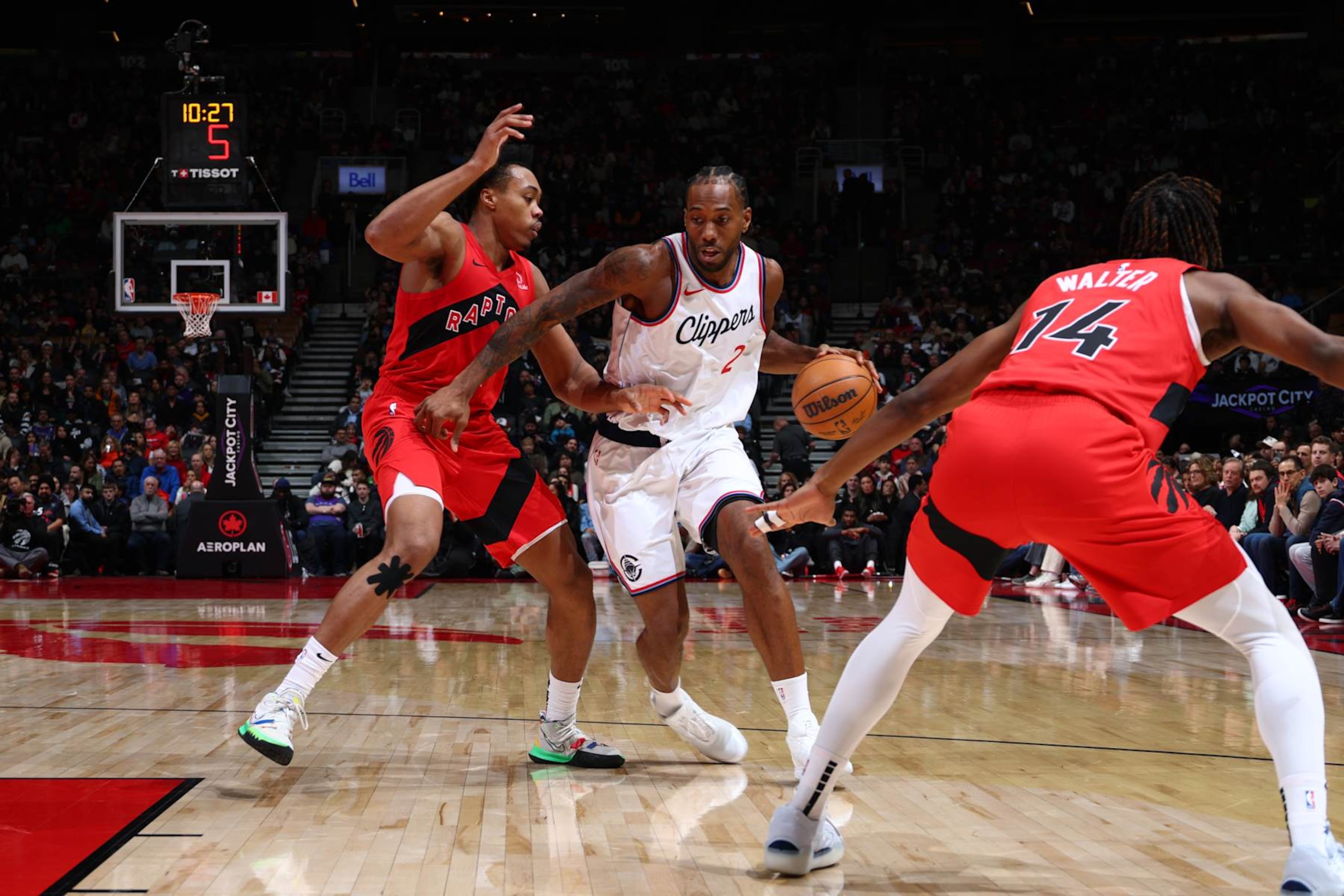 TORONTO, CANADA - FEBRUARY 2: Kawhi Leonard #2 of the LA Clippers dribbles the ball during the game  against the Toronto Raptors on February  2, 2025 at the Scotiabank Arena in Toronto, Ontario, Canada.  NOTE TO USER: User expressly acknowledges and agrees that, by downloading and or using this Photograph, user is consenting to the terms and conditions of the Getty Images License Agreement.  Mandatory Copyright Notice: Copyright 2025 NBAE (Photo by Vaughn Ridley/NBAE via Getty Images)