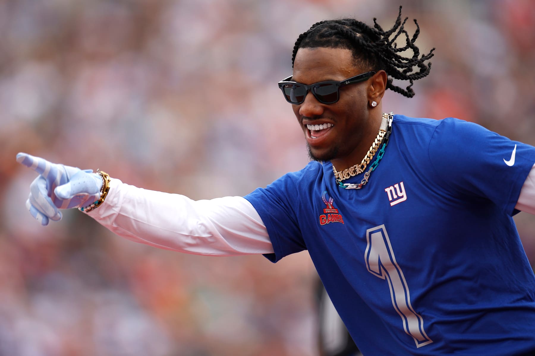 ORLANDO, FLORIDA - FEBRUARY 02: Malik Nabers #1 of the New York Giants celebrates during the first quarter against the AFC in the NFL Pro Bowl Games at Camping World Stadium on February 02, 2025 in Orlando, Florida. (Photo by Mike Ehrmann/Getty Images)