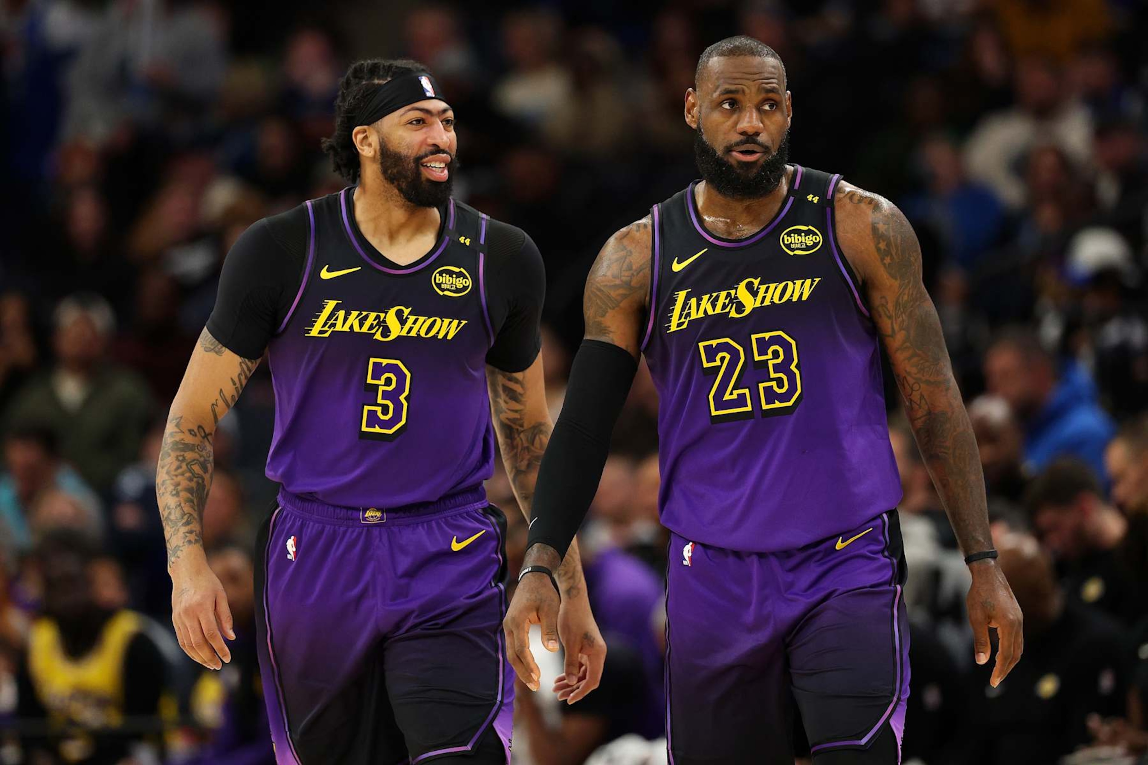 MINNEAPOLIS, MINNESOTA - DECEMBER 02: Anthony Davis #3 and LeBron James #23 of the Los Angeles Lakers look on against the Minnesota Timberwolves in the second quarter at Target Center on December 02, 2024 in Minneapolis, Minnesota. The Timberwolves defeated the Lakers 109-80. NOTE TO USER: User expressly acknowledges and agrees that, by downloading and or using this photograph, User is consenting to the terms and conditions of the Getty Images License Agreement. (Photo by David Berding/Getty Images) MINNEAPOLIS, MINNESOTA - DECEMBER 02: Anthony Davis #3 and LeBron James #23 of the Los Angeles Lakers look on against the Minnesota Timberwolves in the second quarter at Target Center on December 02, 2024 in Minneapolis, Minnesota. The Timberwolves defeated the Lakers 109-80. NOTE TO USER: User expressly acknowledges and agrees that, by downloading and or using this photograph, User is consenting to the terms and conditions of the Getty Images License Agreement. (Photo by David Berding/Getty Images)