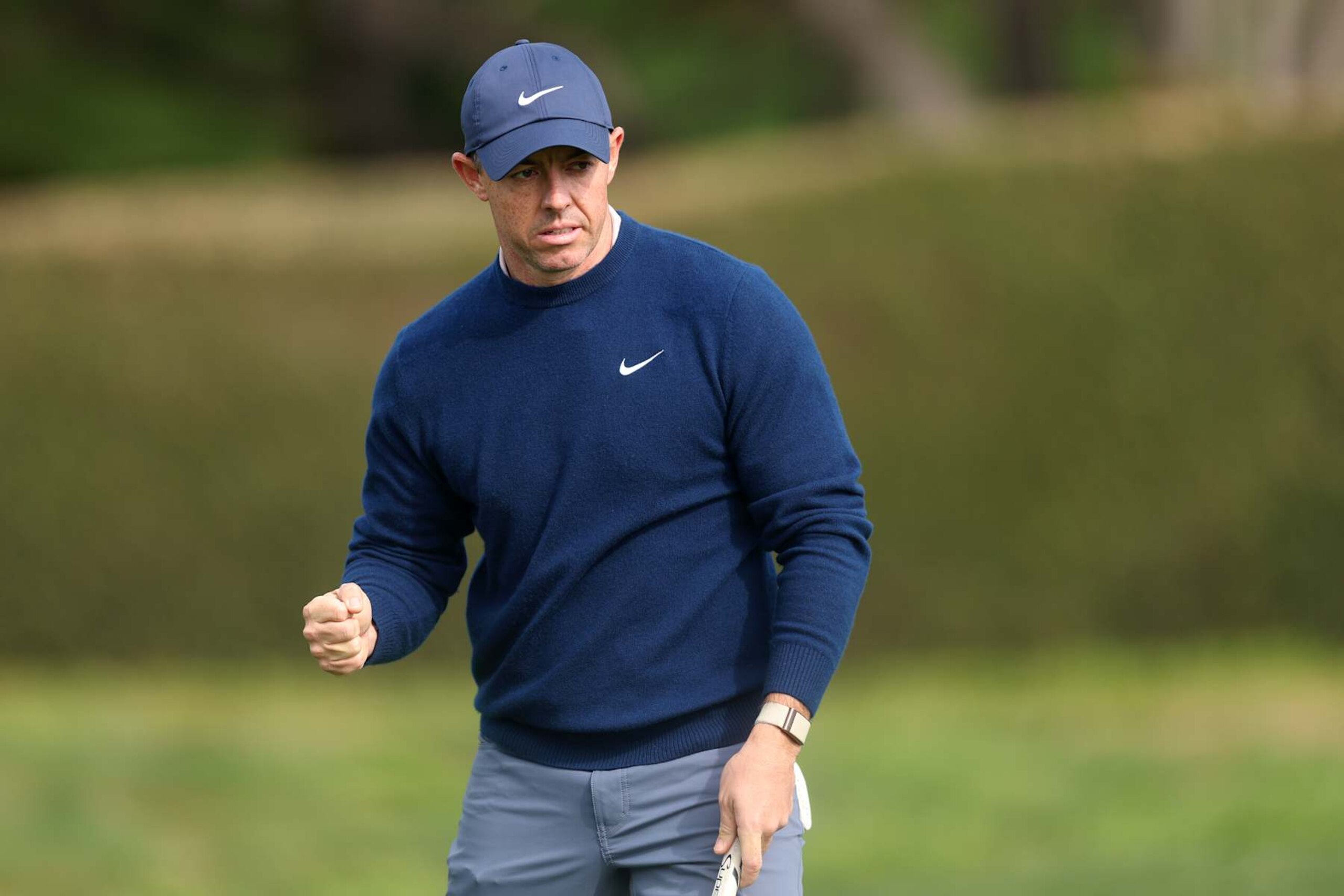 PEBBLE BEACH, CALIFORNIA - FEBRUARY 02: Rory McIlroy of Northern Ireland celebrates after a putt on the 14th green during the final round of the AT&T Pebble Beach Pro-Am 2025 at Pebble Beach Golf Links on February 02, 2025 in Pebble Beach, California. (Photo by Ezra Shaw/Getty Images)